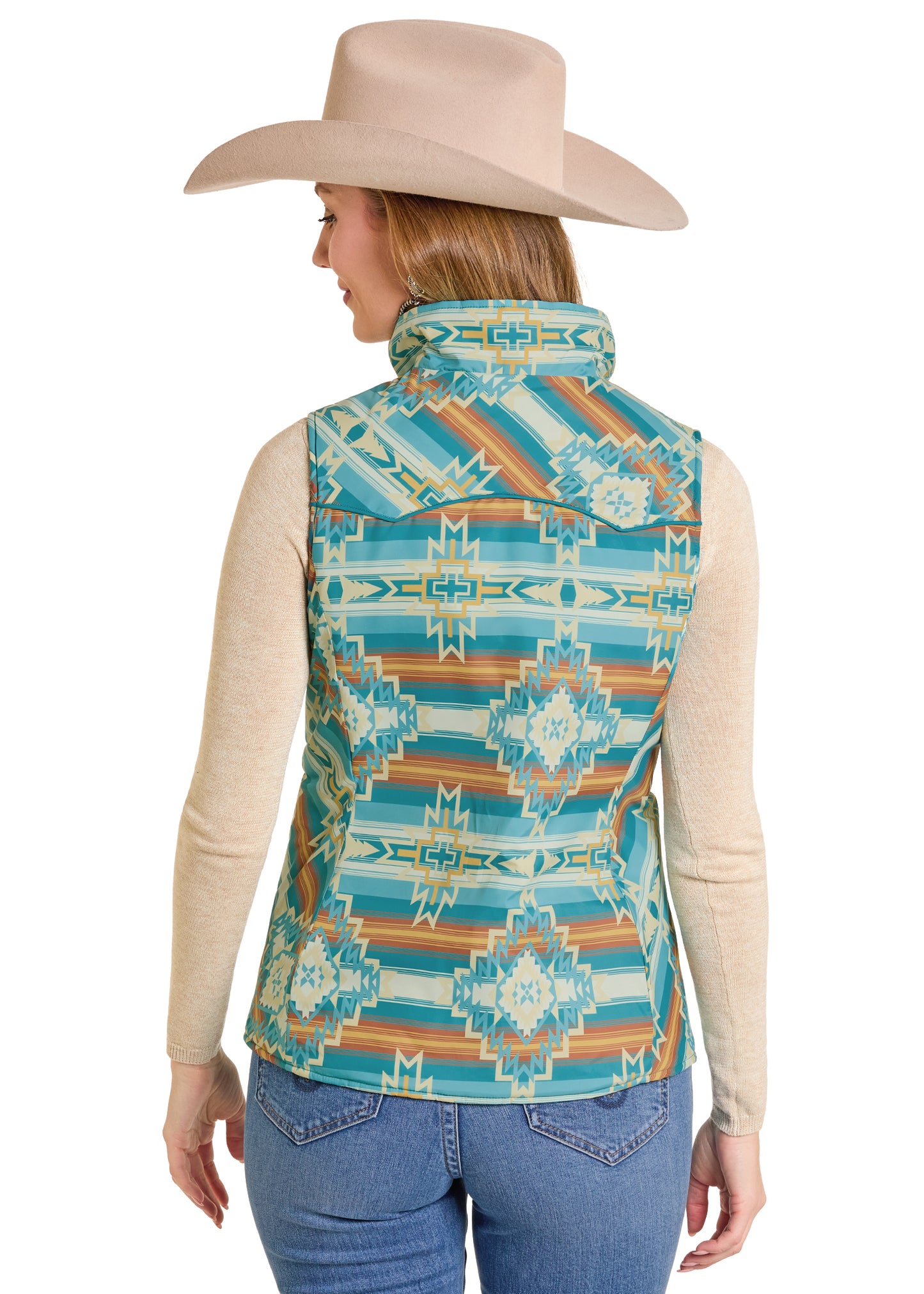 Woman wearing a patterned vest with a beige cowboy hat on a white background