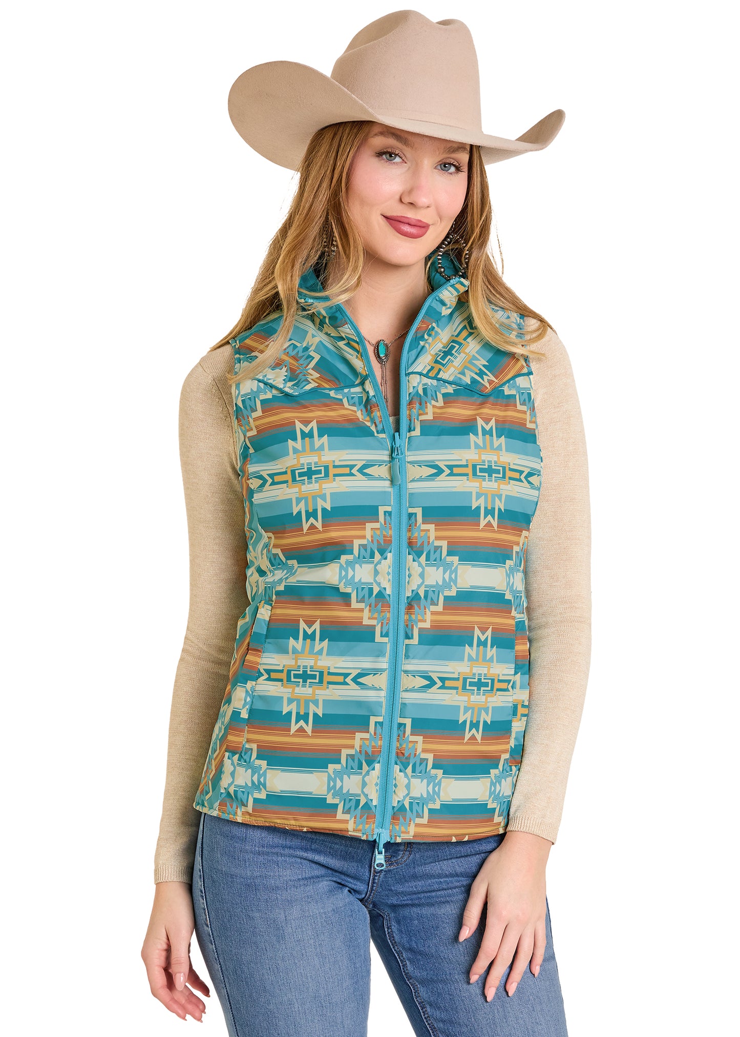 Woman wearing a patterned vest with a beige cowboy hat on a white background