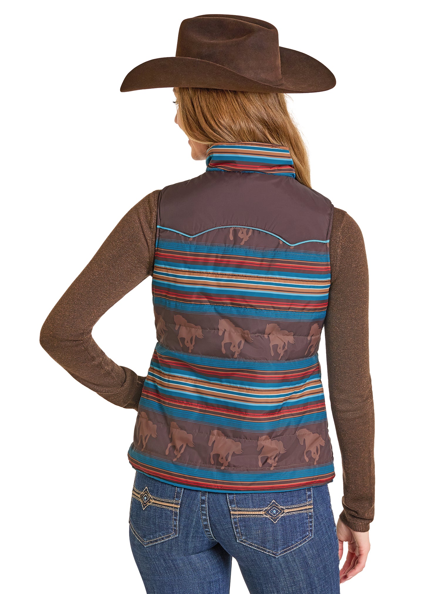 Person wearing a patterned vest with horse designs and a brown cowboy hat on a white background