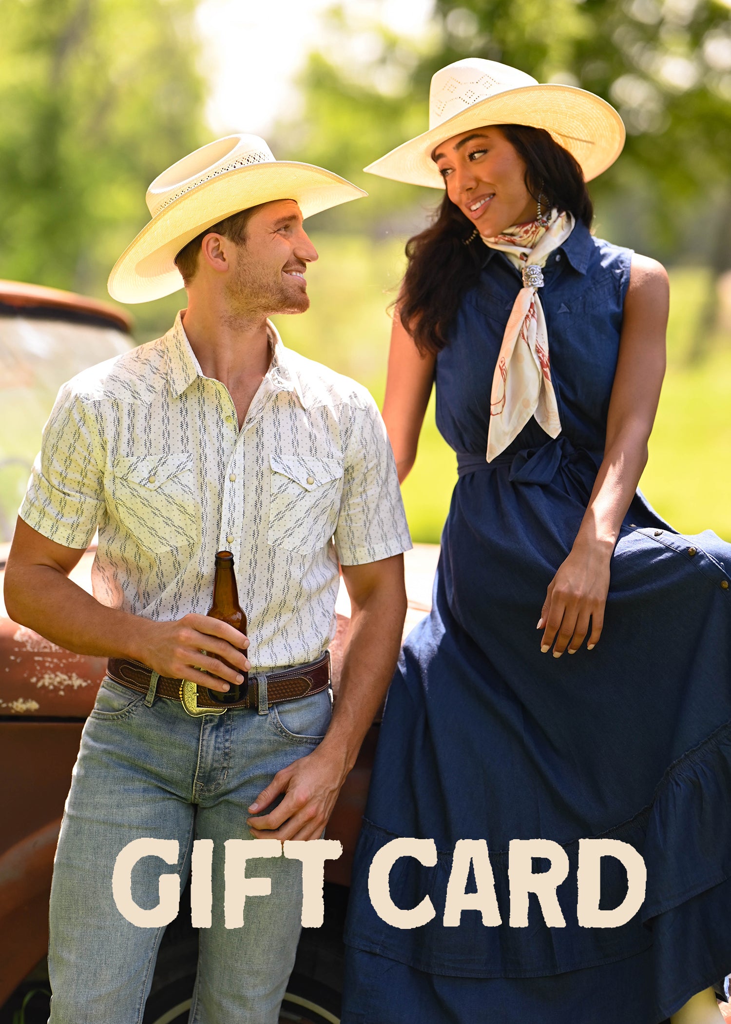 Two people in cowboy hats standing next to a vintage car with 'GIFT CARD' text overlay.