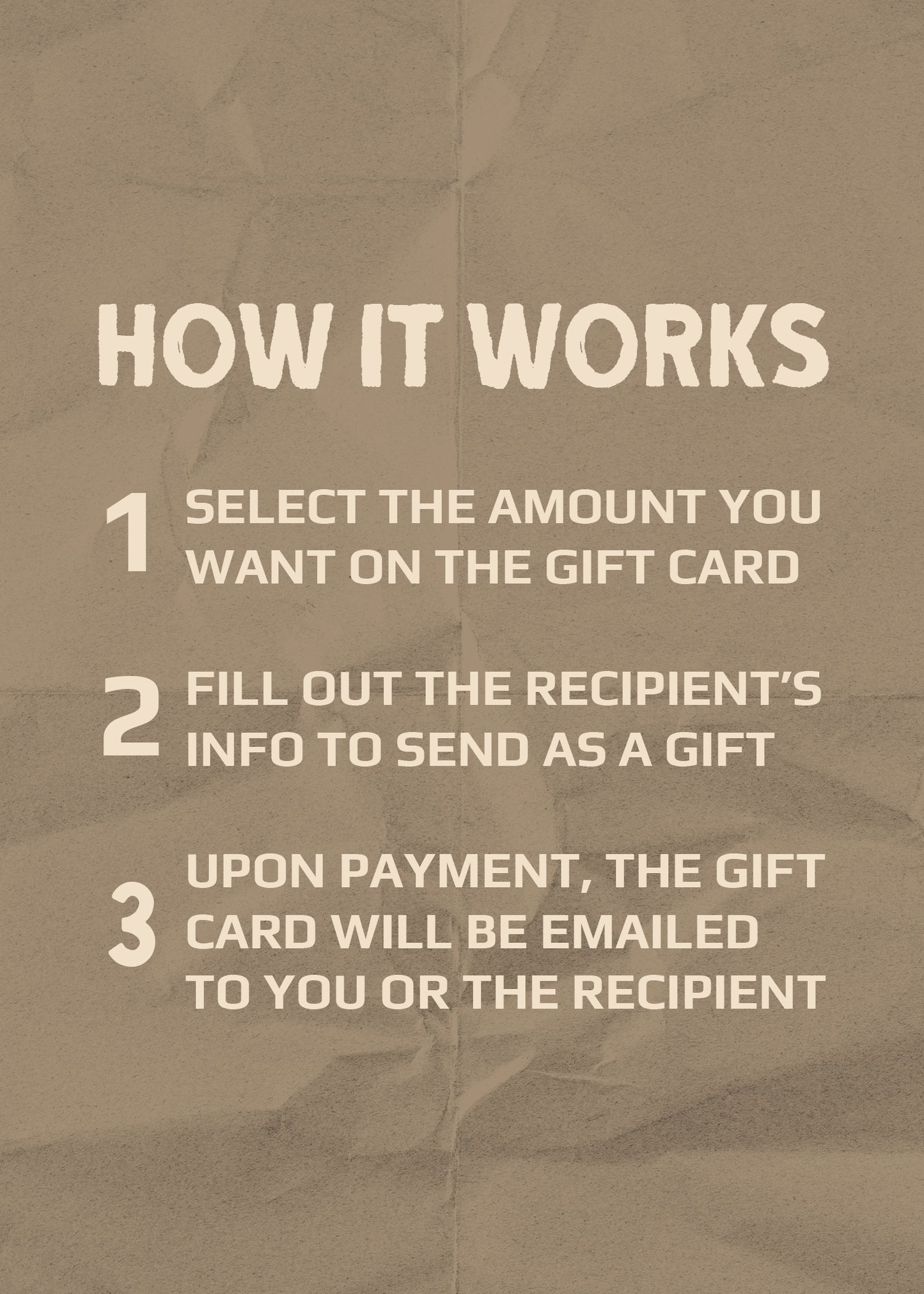 Instructions for using a gift card on a brown textured background