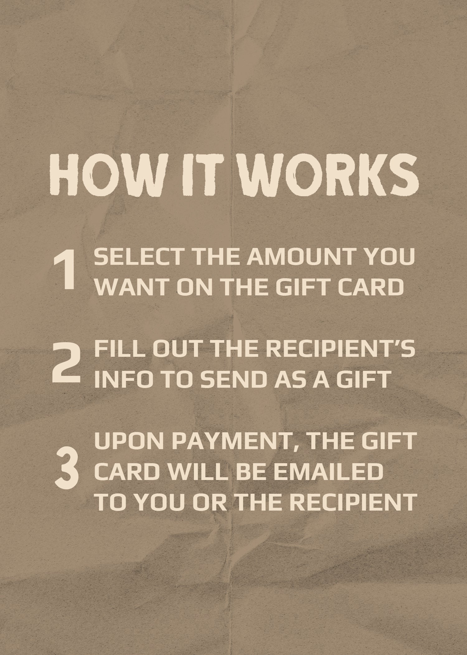 Instructions for using a gift card on a brown textured background