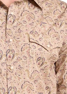 A tan cowboy hat, a beige long-sleeve western shirt with a brown paisley pattern.