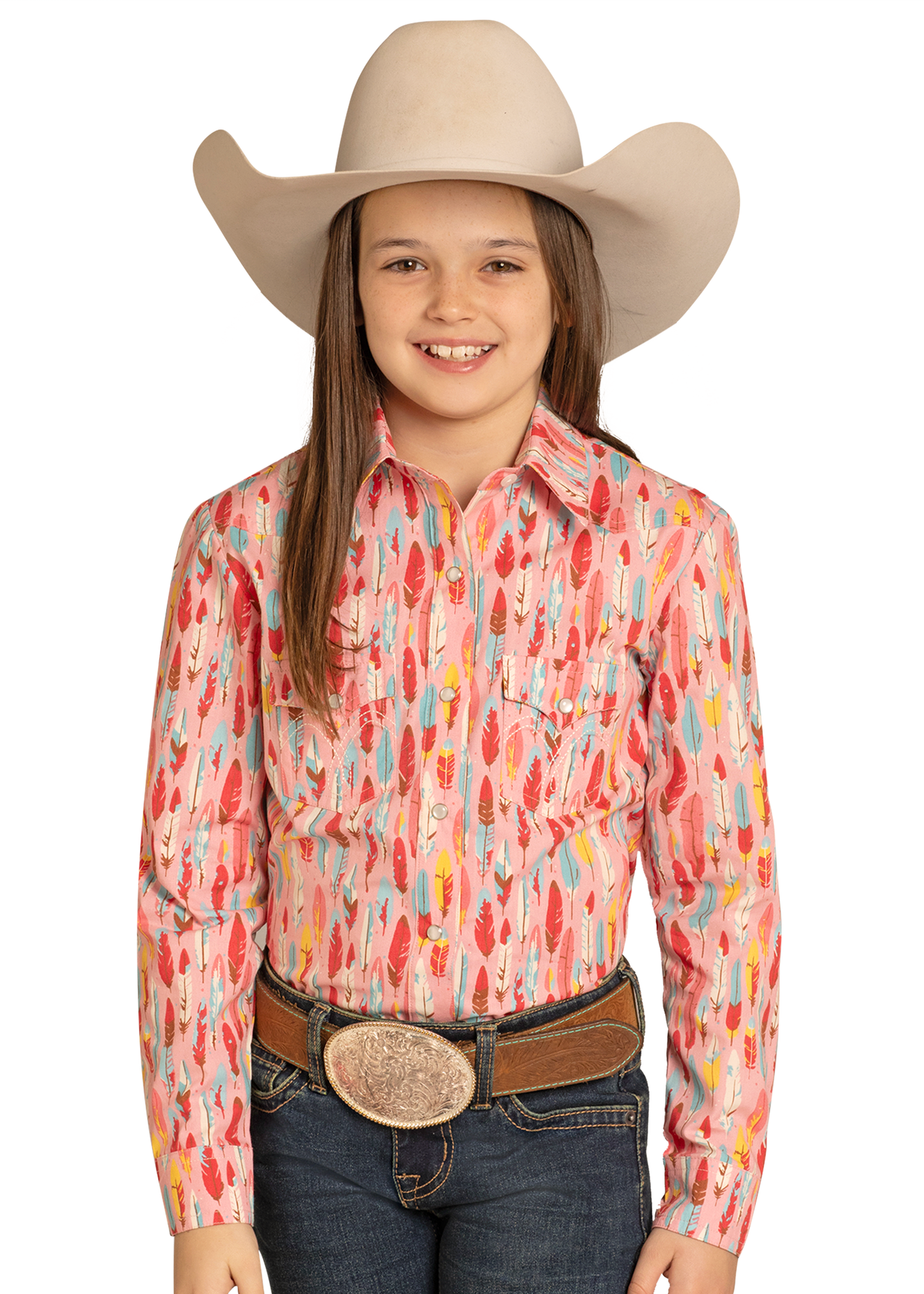 Child wearing a colorful patterned shirt, jeans, and a cowboy hat on a white background