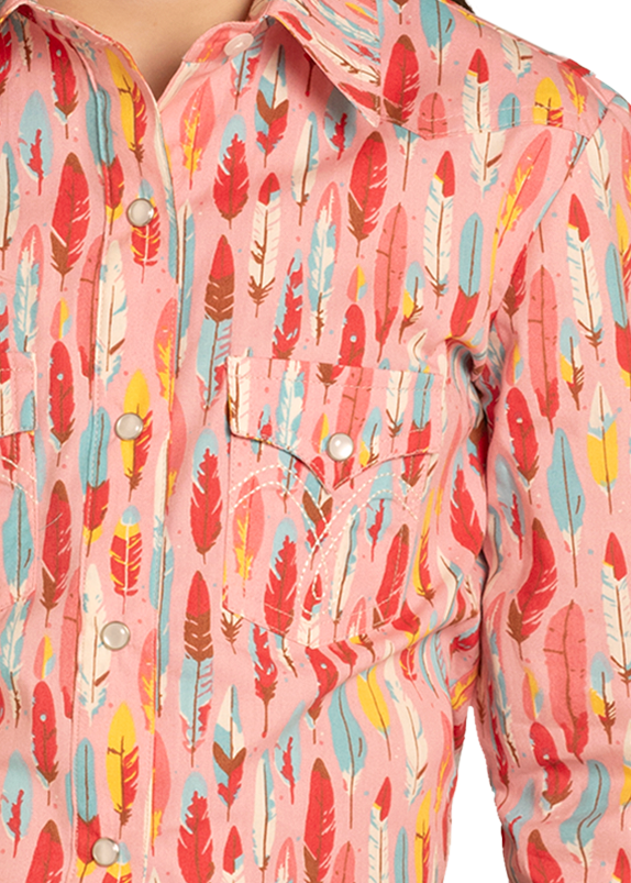 Child wearing a colorful patterned shirt, jeans, and a cowboy hat on a white background