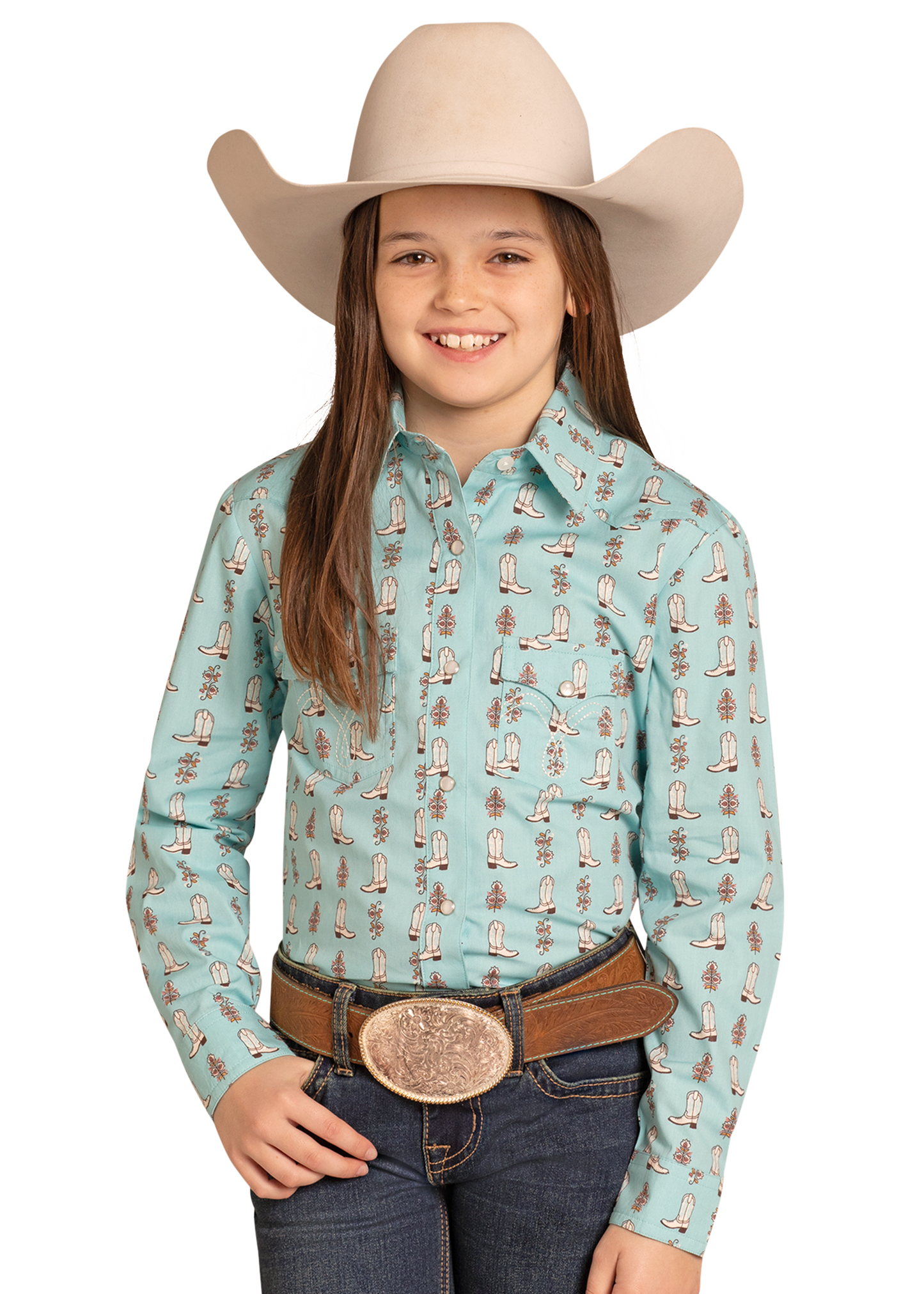 Child wearing a turquoise long-sleeve shirt with cowboy boot pattern, blue jeans, and beige cowboy hat on a white background.