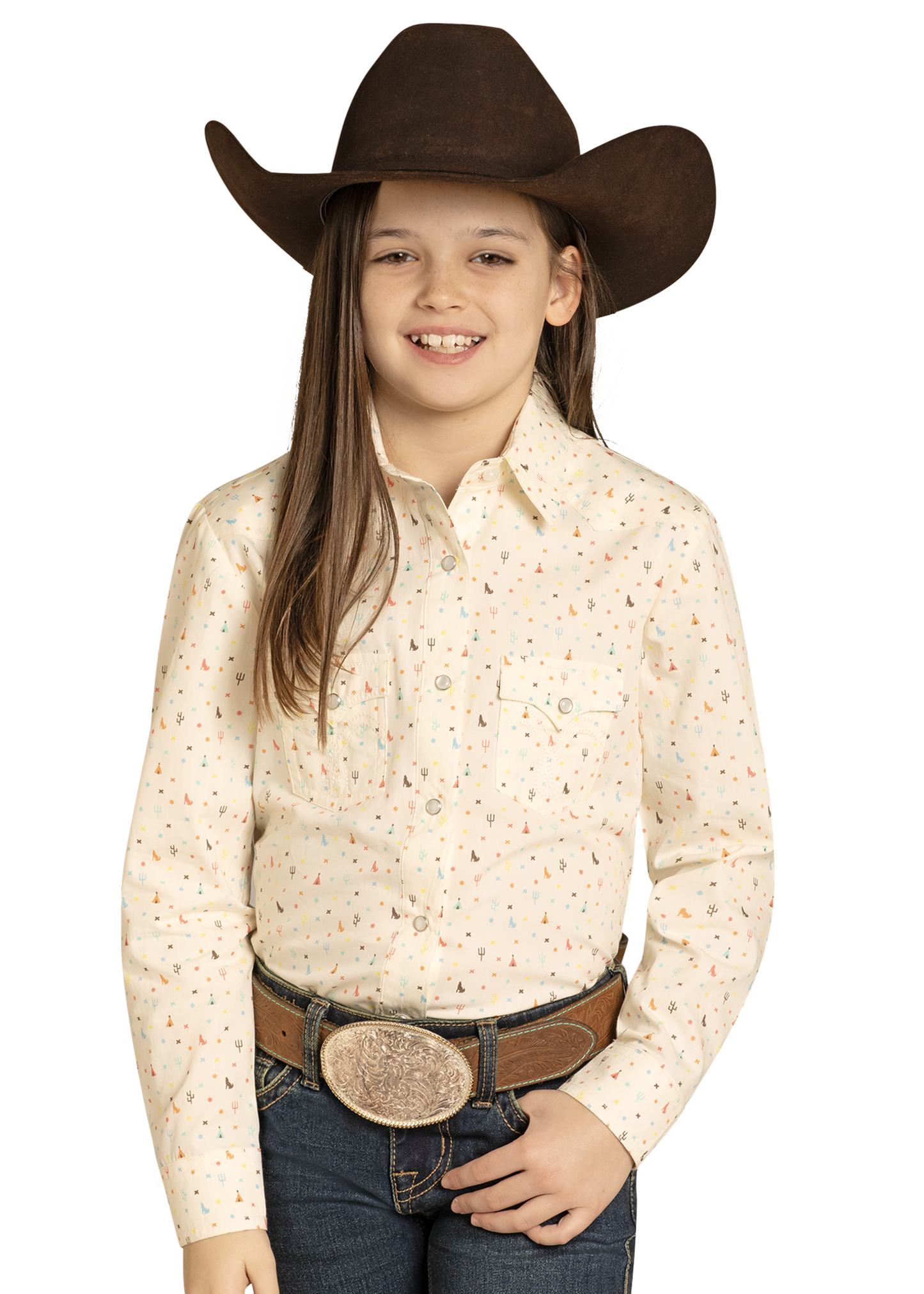 Young girl wearing a cowboy hat, patterned shirt, and jeans on a white background