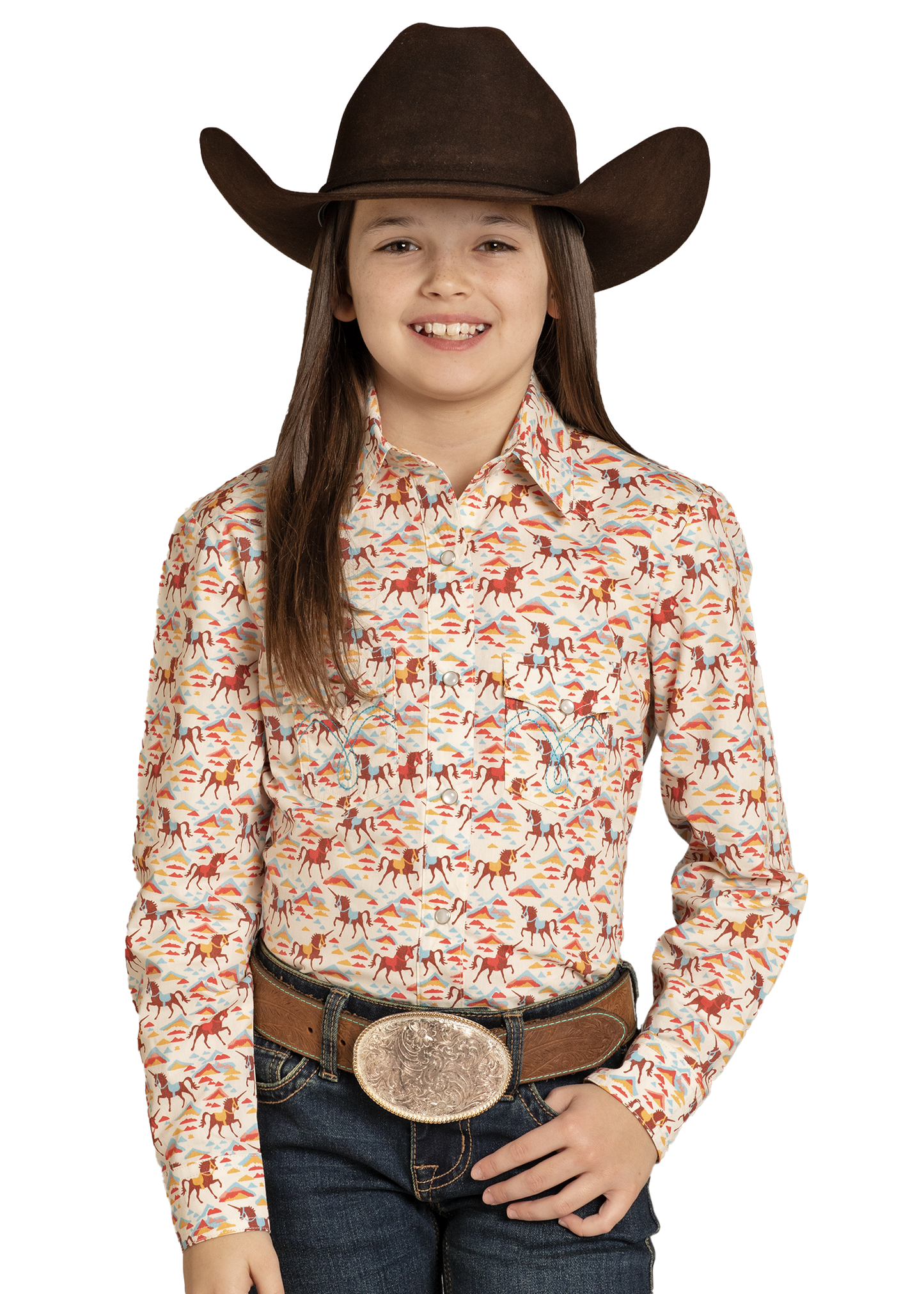 Child wearing a cowboy hat and patterned shirt on a white background