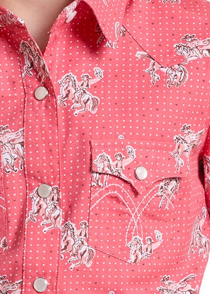 Girls pink western long-sleeve shirt with a white cowboy horse pattern snap shirt with chest pocket. 