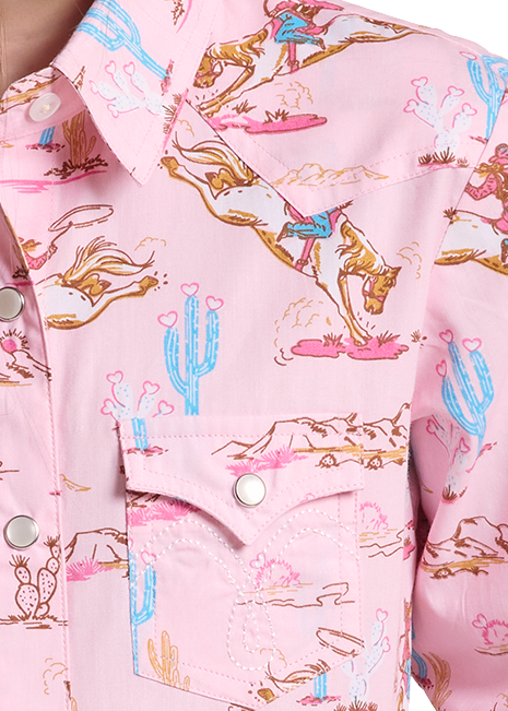Light pink long-sleeve western shirt with a cowboy and cactus print