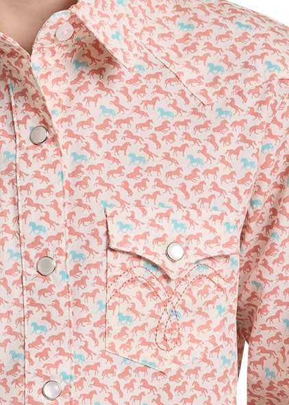 Close-up of a western-style button-up shirt with a pink and light blue horse pattern on a white background.