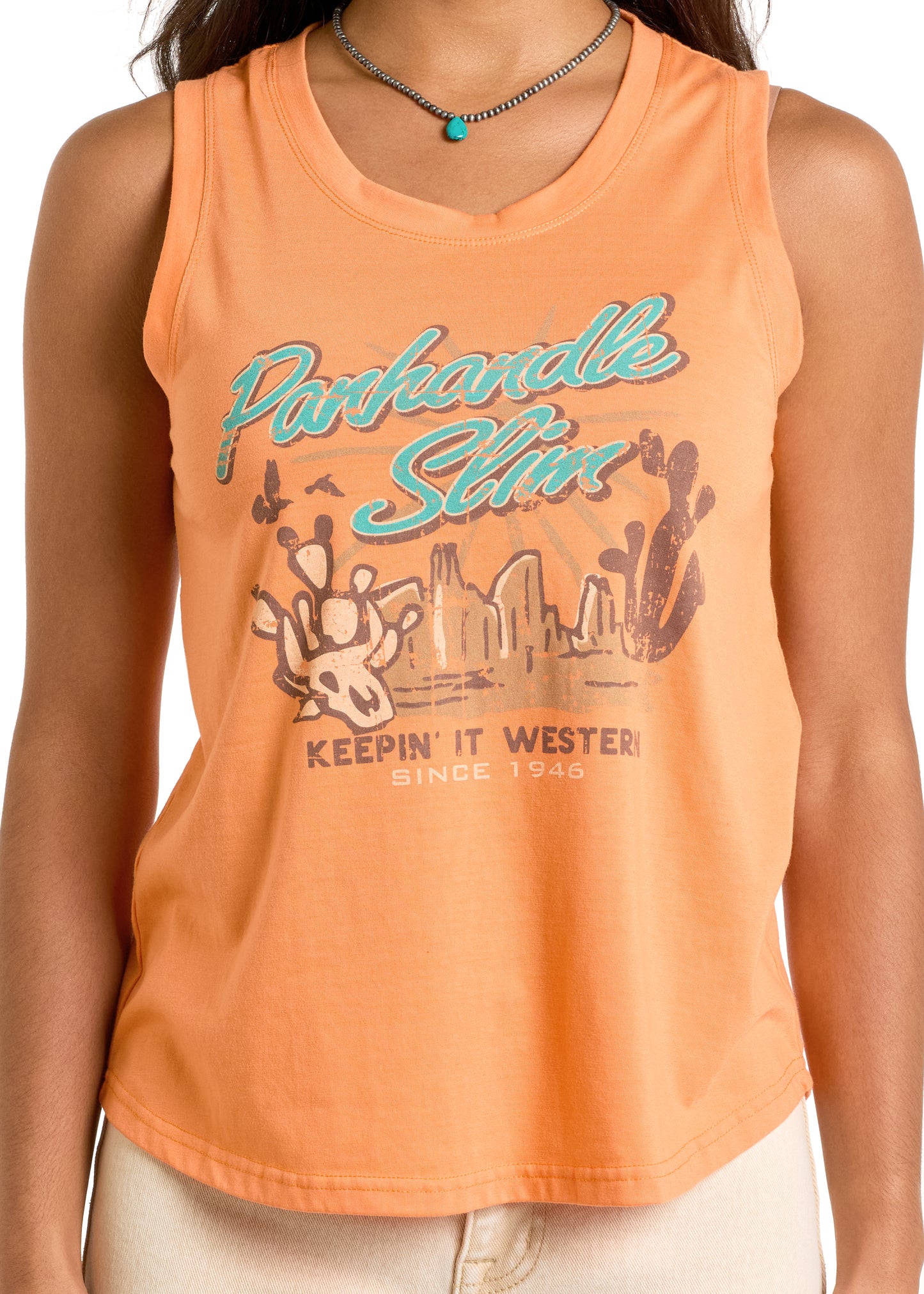 Orange tank top with 'Parachute Slim' graphic design on a person