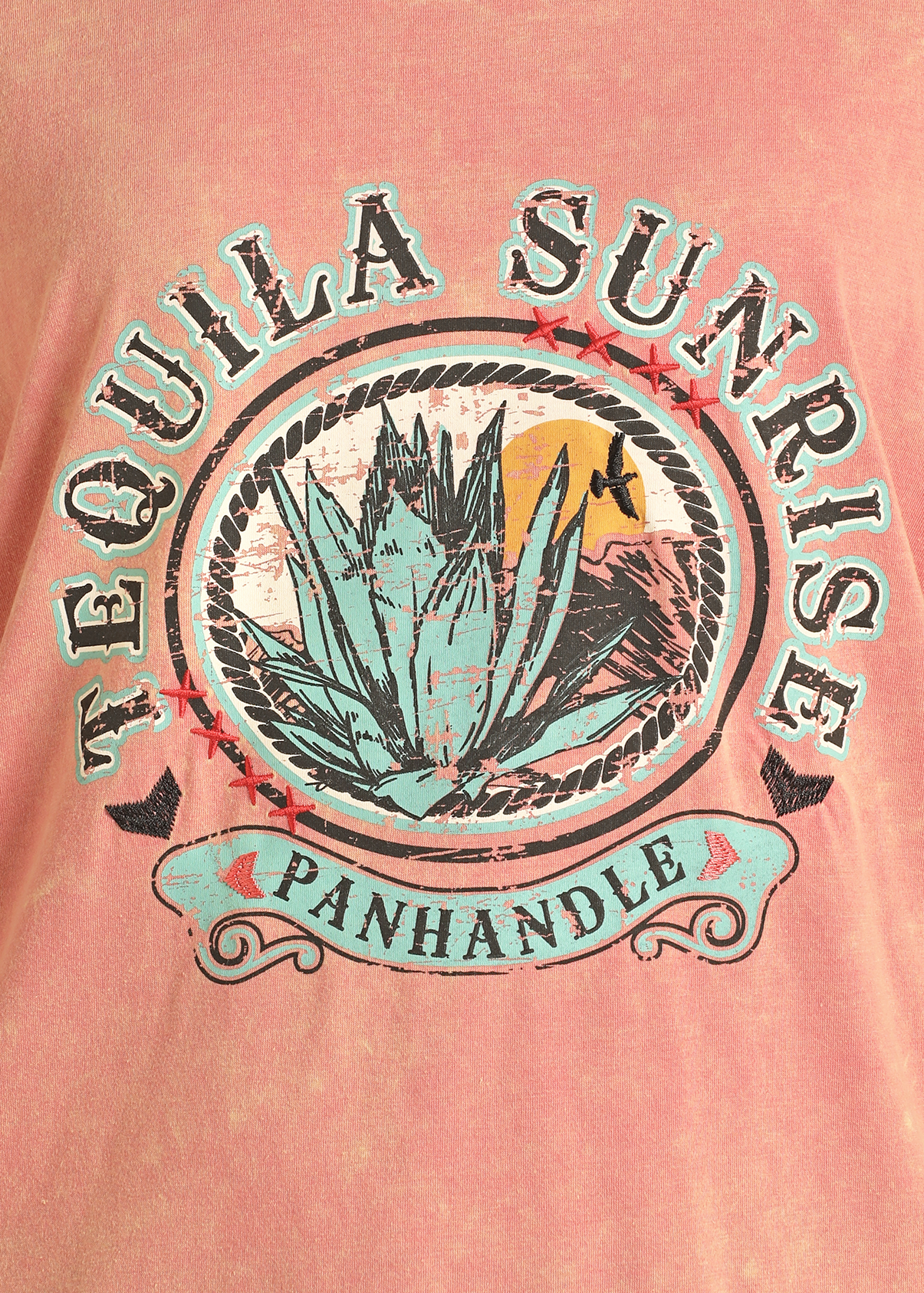 Pink t-shirt with 'Tequila Sunrise Panhandle' graphic design