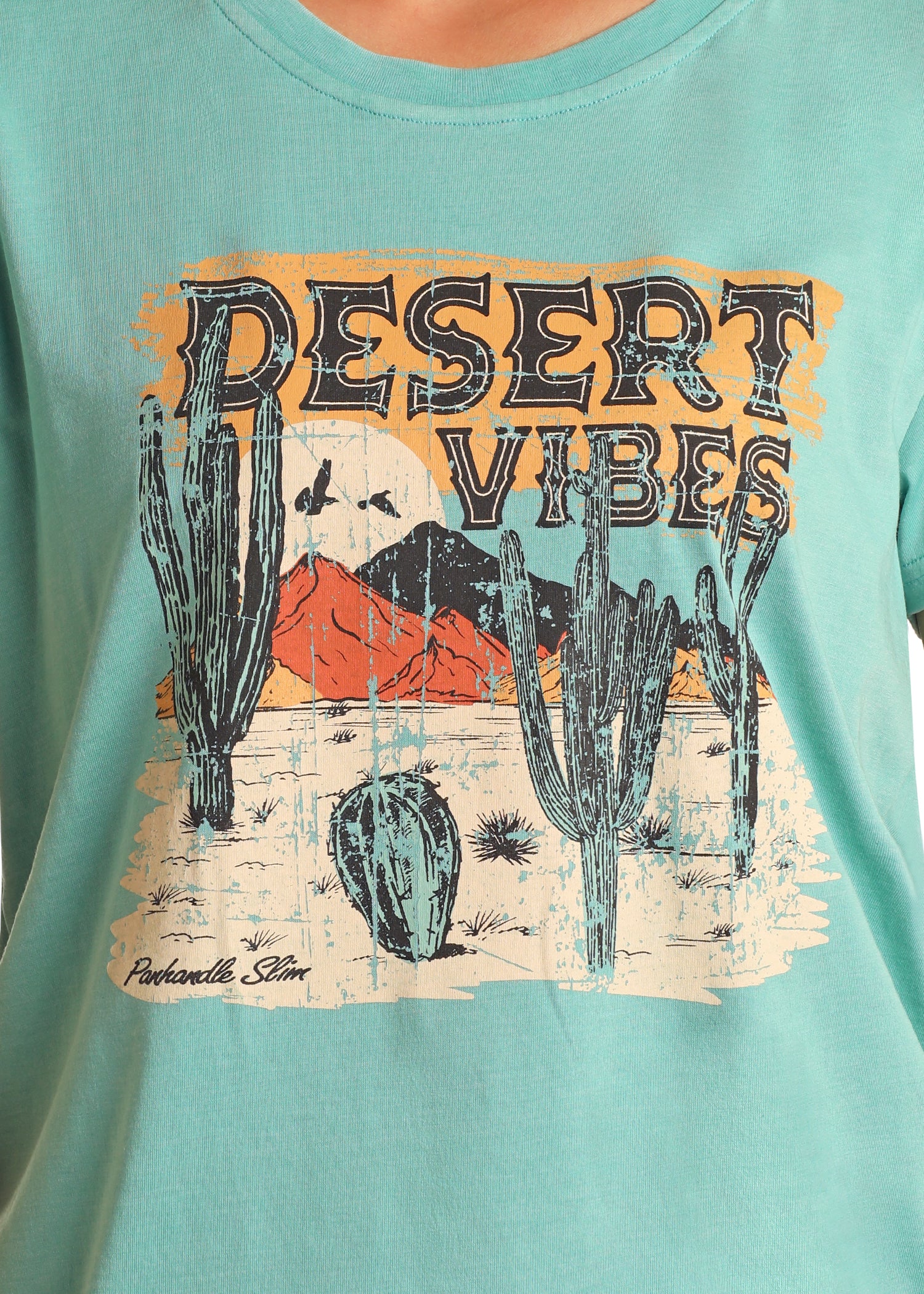Teal t-shirt with 'Desert Vibes' graphic featuring cacti and mountains.