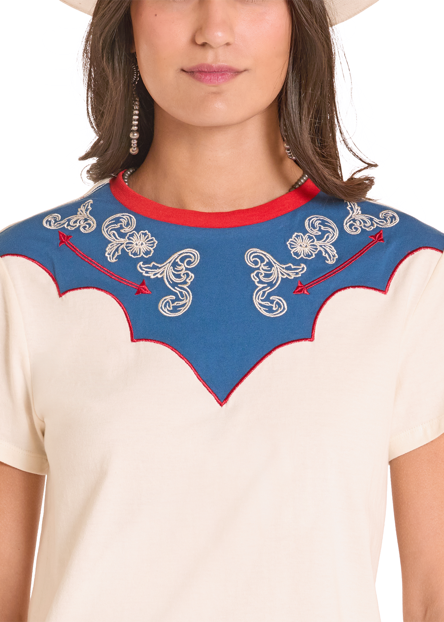Close-up of a person wearing a shirt with blue and red embroidered neckline.