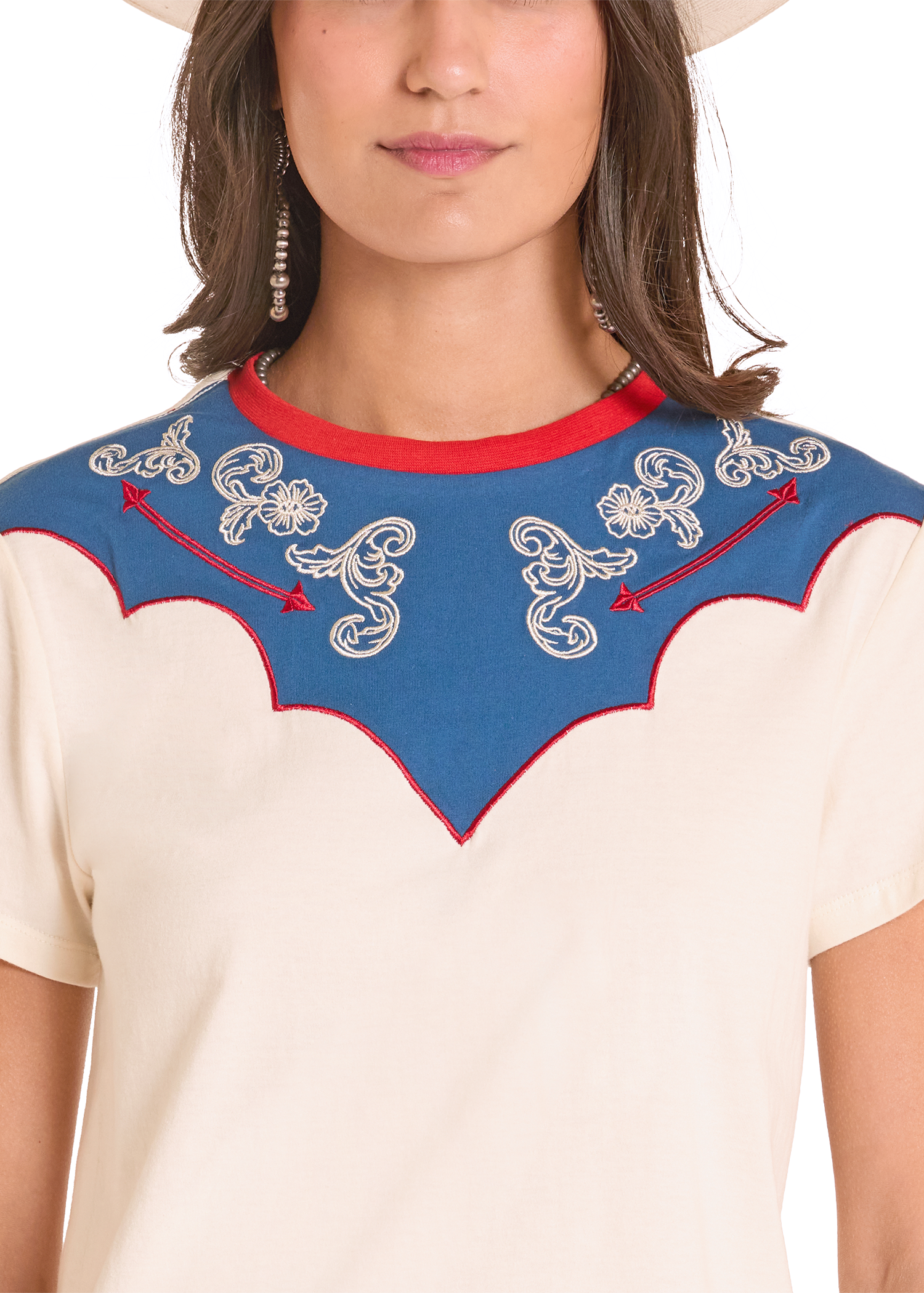 Close-up of a person wearing a shirt with blue and red embroidered neckline.