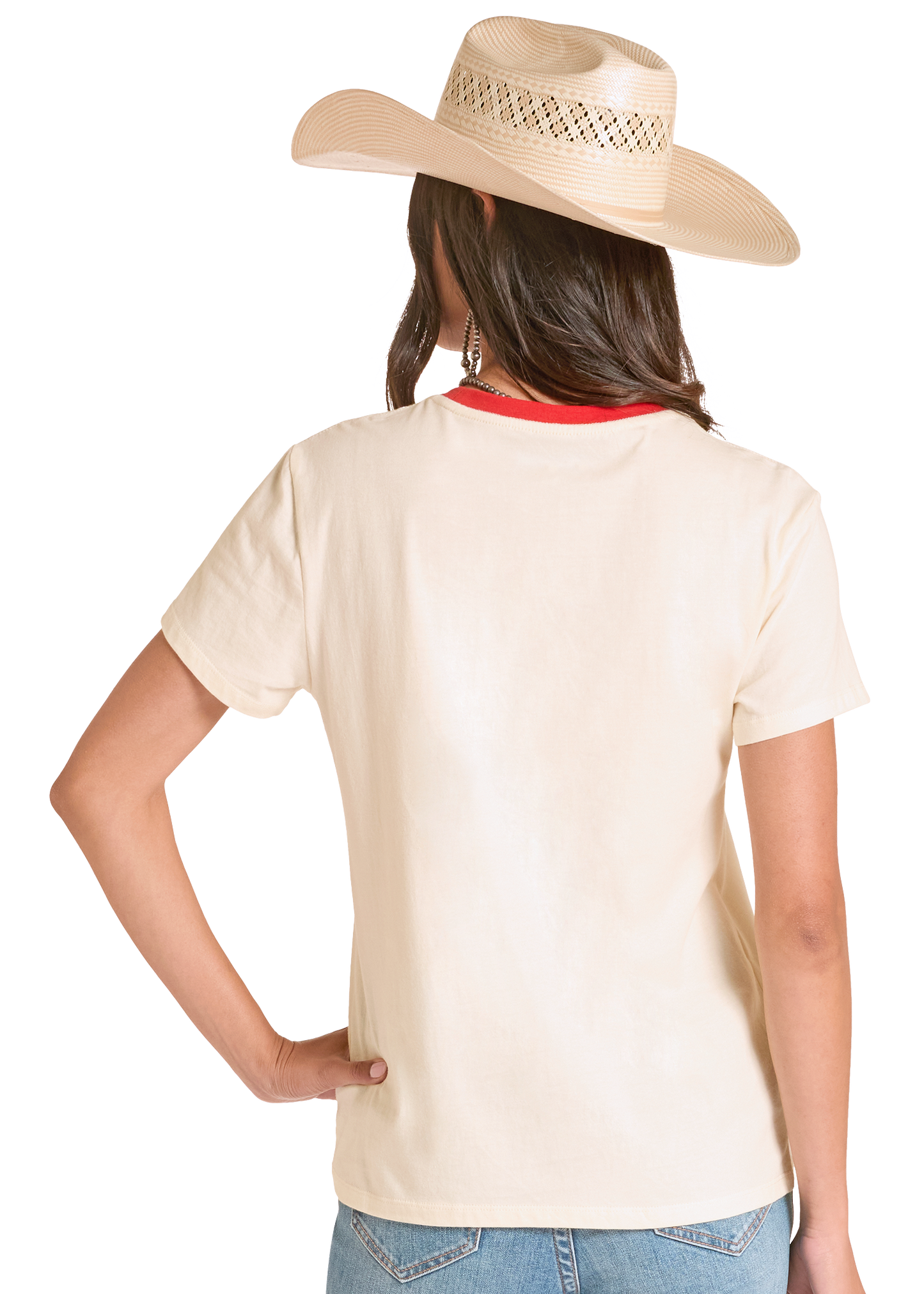 Person wearing a beige shirt and cowboy hat on a white background