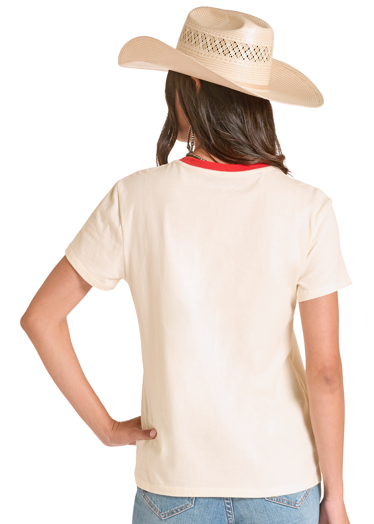 Person wearing a beige shirt and cowboy hat on a white background