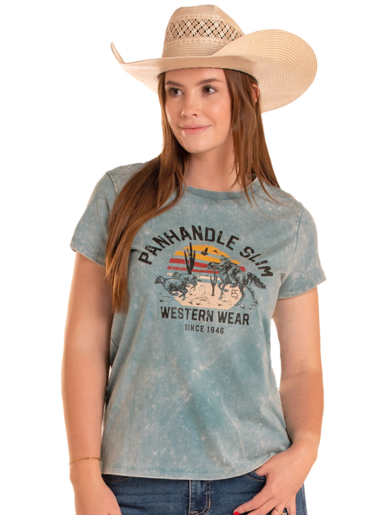 Woman wearing a 'Panhandle Slim Western Wear' t-shirt with a cowboy hat on a white background