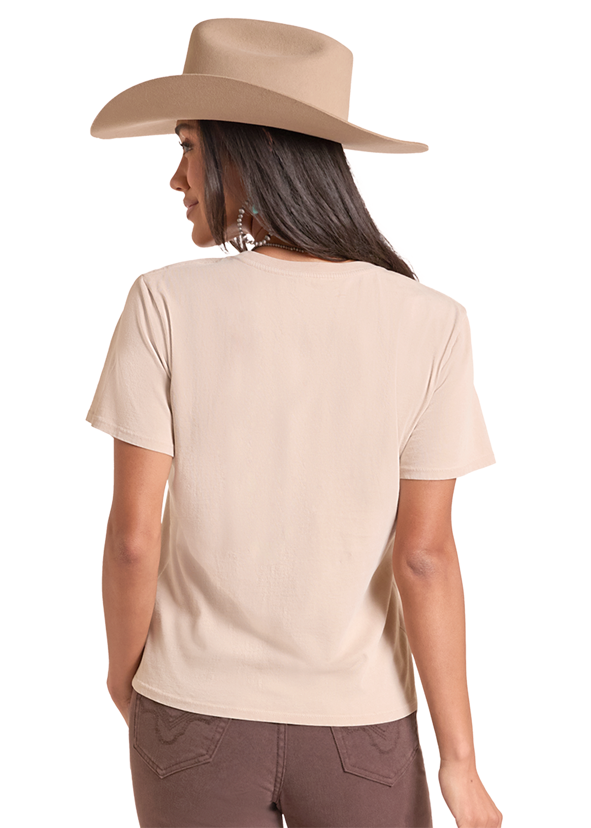 Back of a women in a tee with a cowboy hat. 