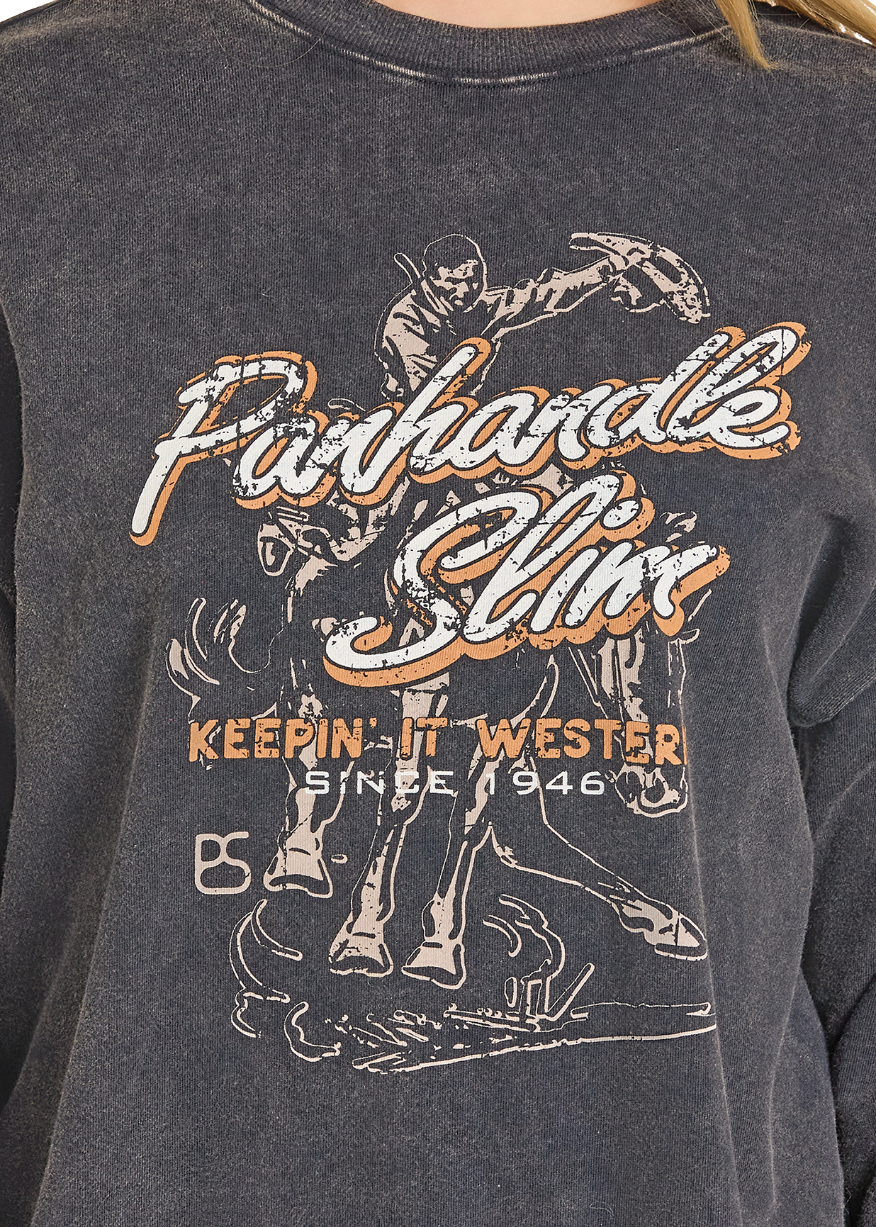 Dark gray sweatshirt with graphic design and text on a white background