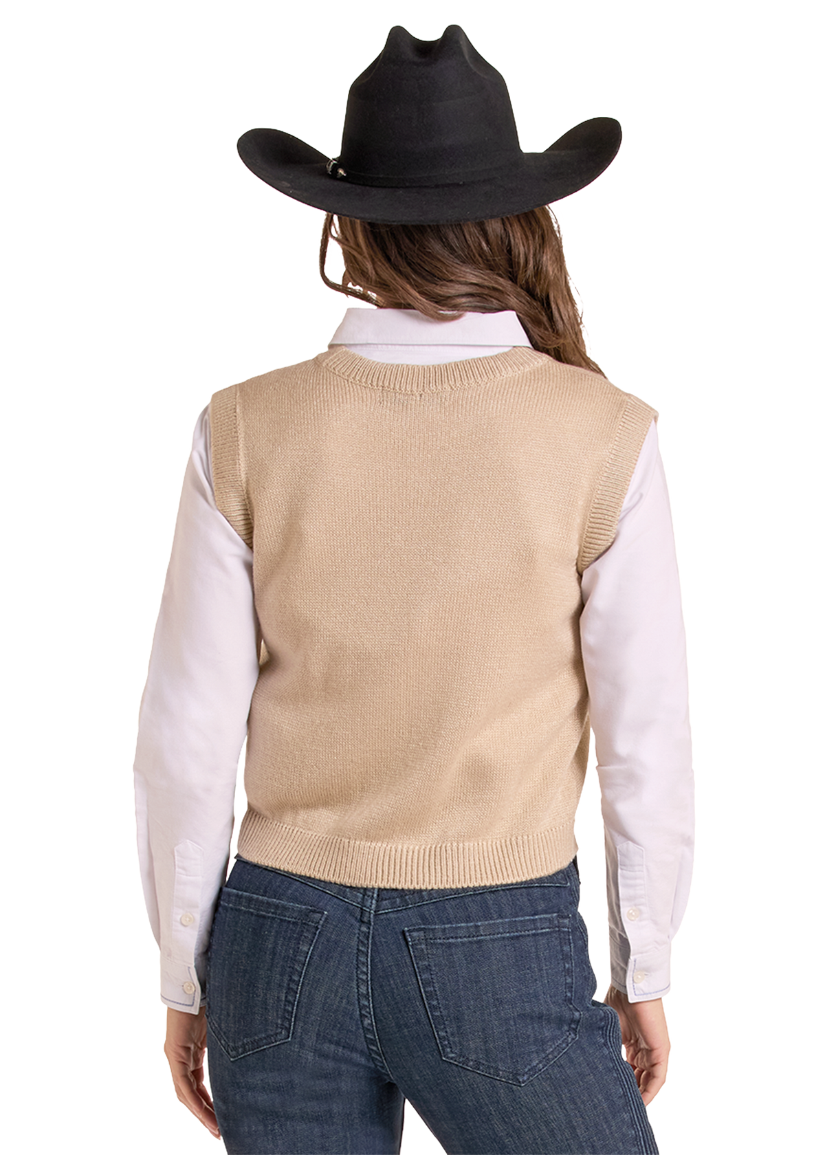 The back of a woman wearing a knit sweater vest and a cowboy hat.