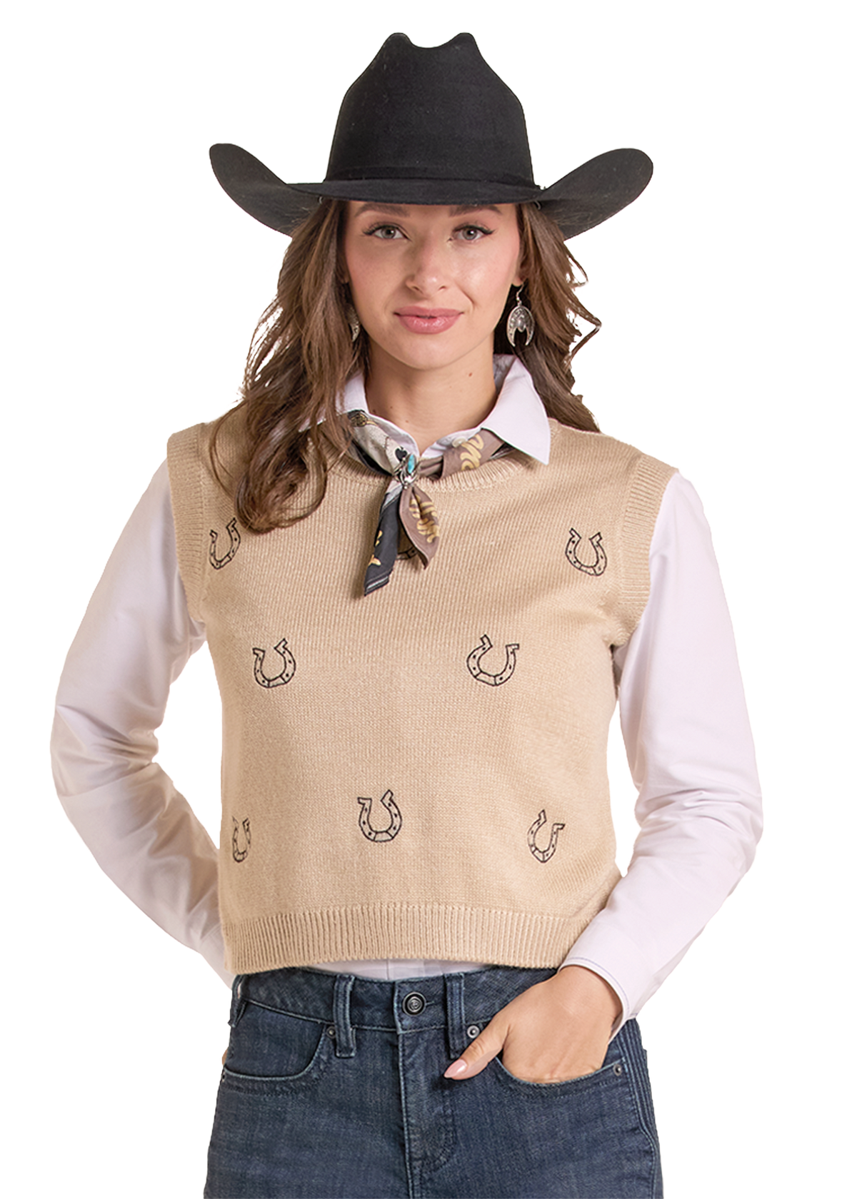 Women wearing Western knit sweater vest with embroidered horse shoes