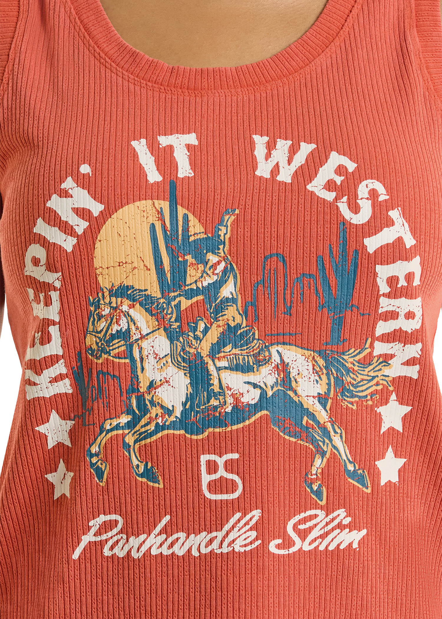 Rust tank top with a graphic of a cowboy on a horse and text 'Keepin' It Western' and 'Panhandle Slim'.