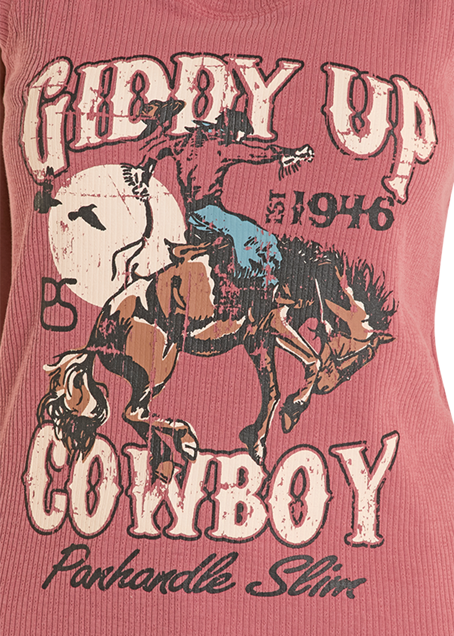 Vintage-style graphic with 'Getdy Up Cowboy' text and horse illustration on a red background.