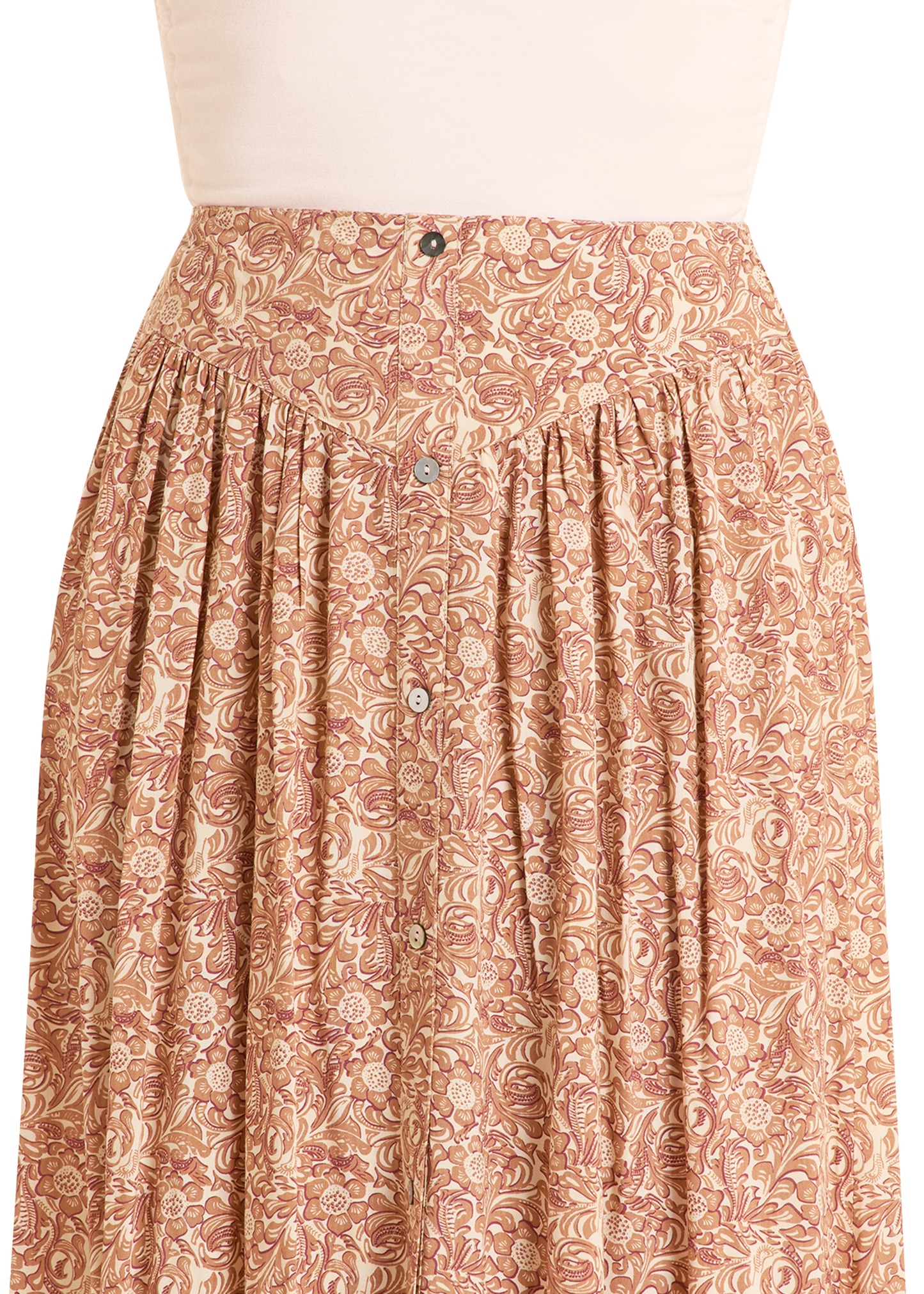 Patterned skirt with buttons on a white background