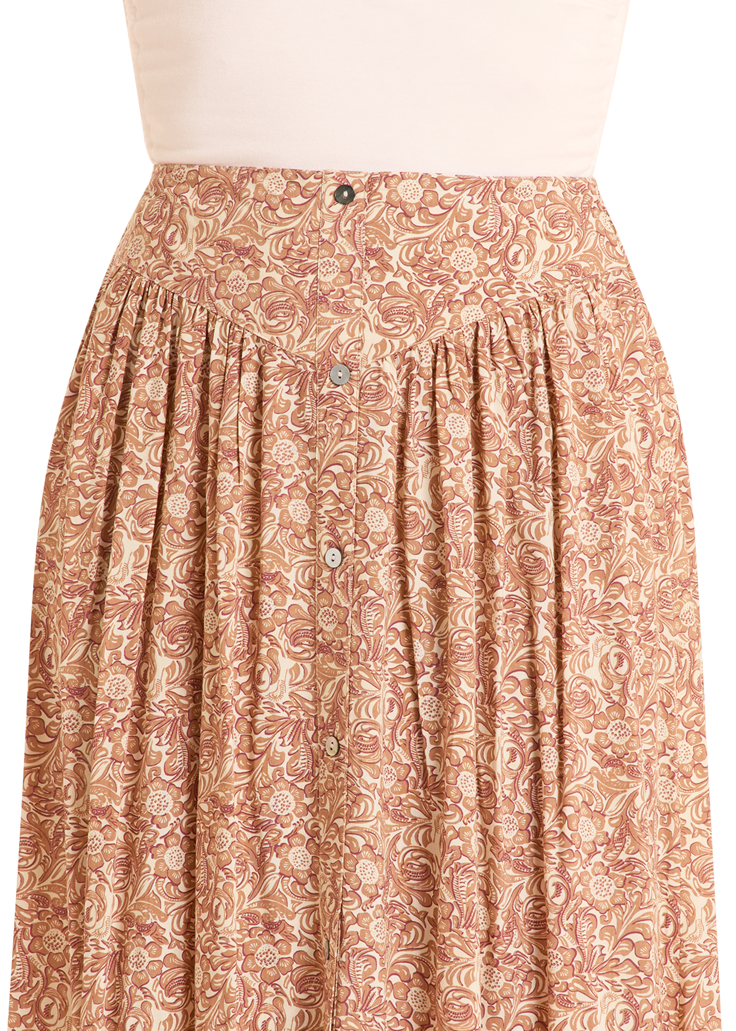 Patterned skirt with buttons on a white background