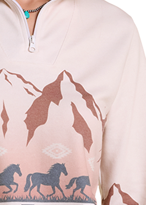 A quarter-zip pullover sweatshirt with a western mountain and horse print.