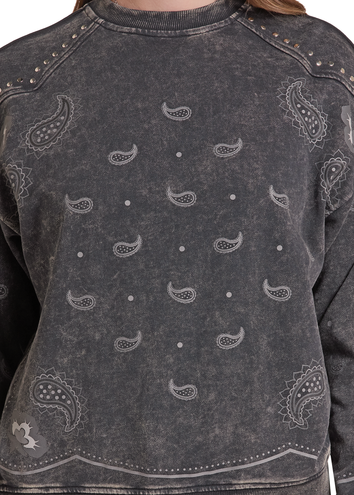 Black paisley crew neck front. 