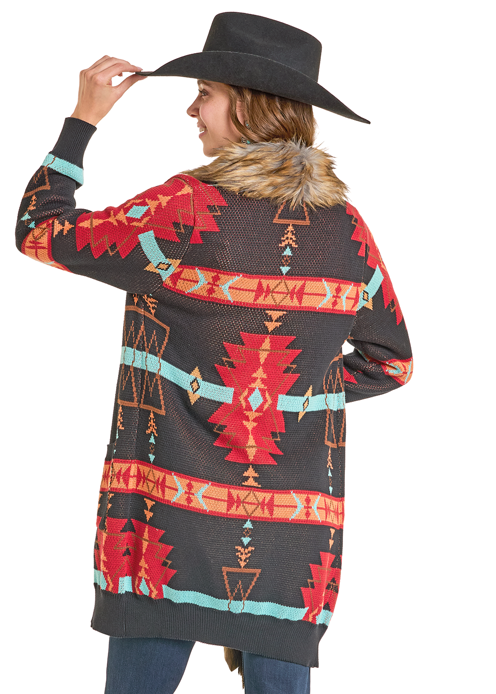 Women's Black Southwest Fur Trim Cardigan | Panhandle Slim Women's Black Southwest Fur Trim Cardigan | Panhandle Slim