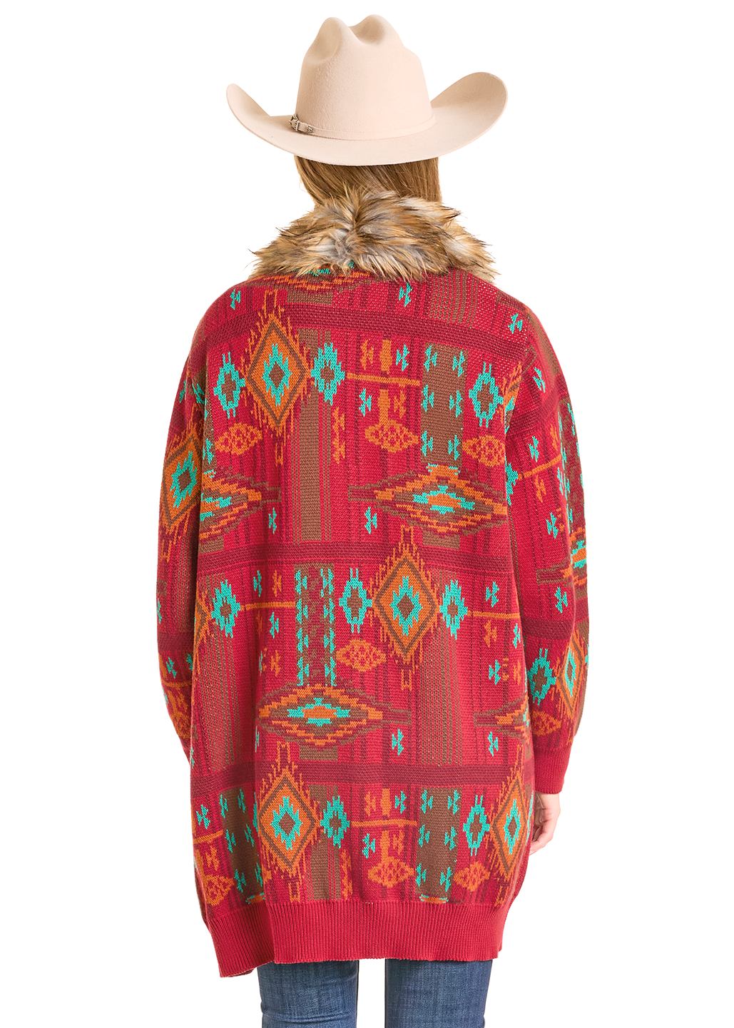 Women's Red Southwest Fur Trim Cardigan | Panhandle Slim Women's Red Southwest Fur Trim Cardigan | Panhandle Slim