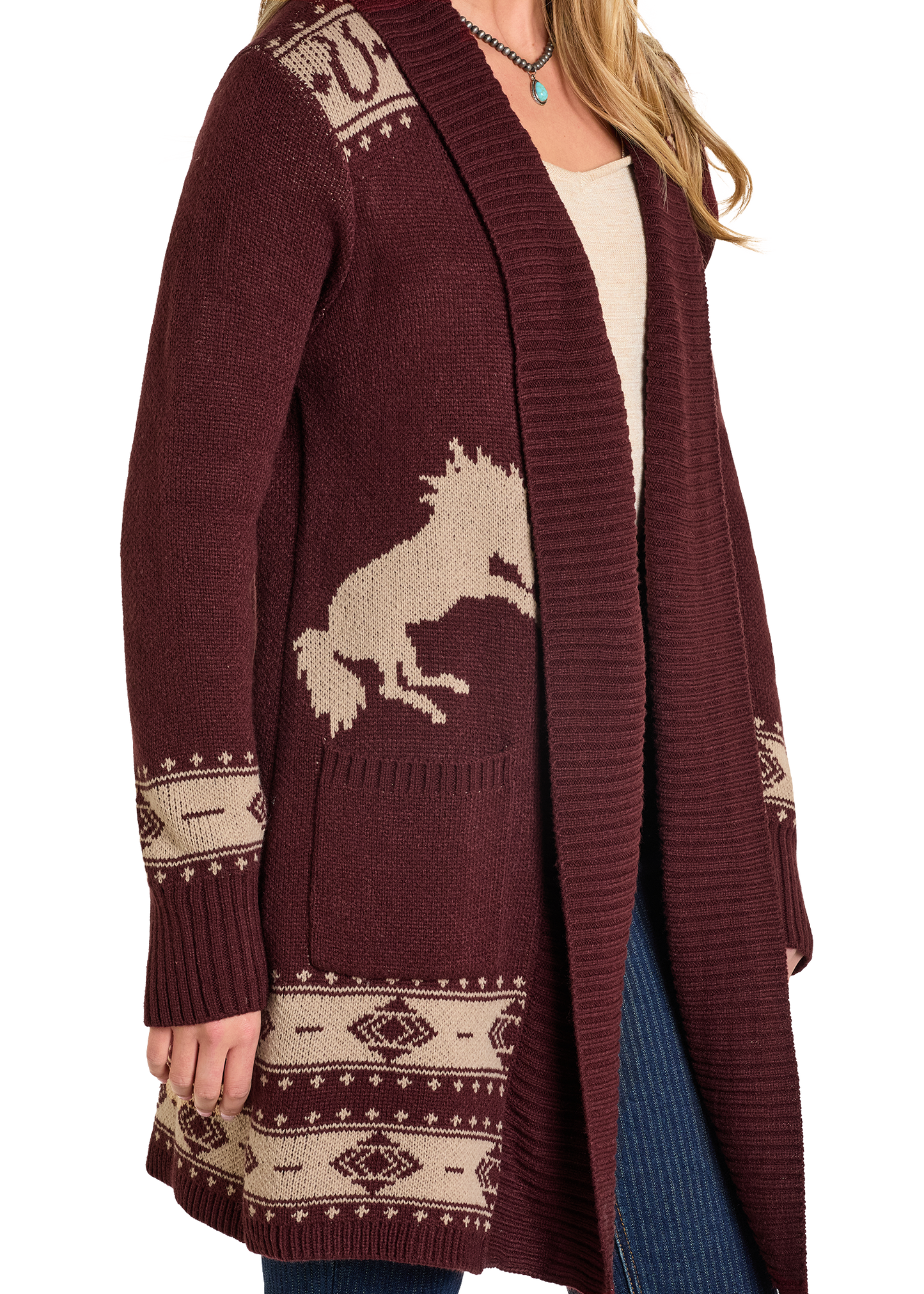 Maroon cardigan with horse design on a white background