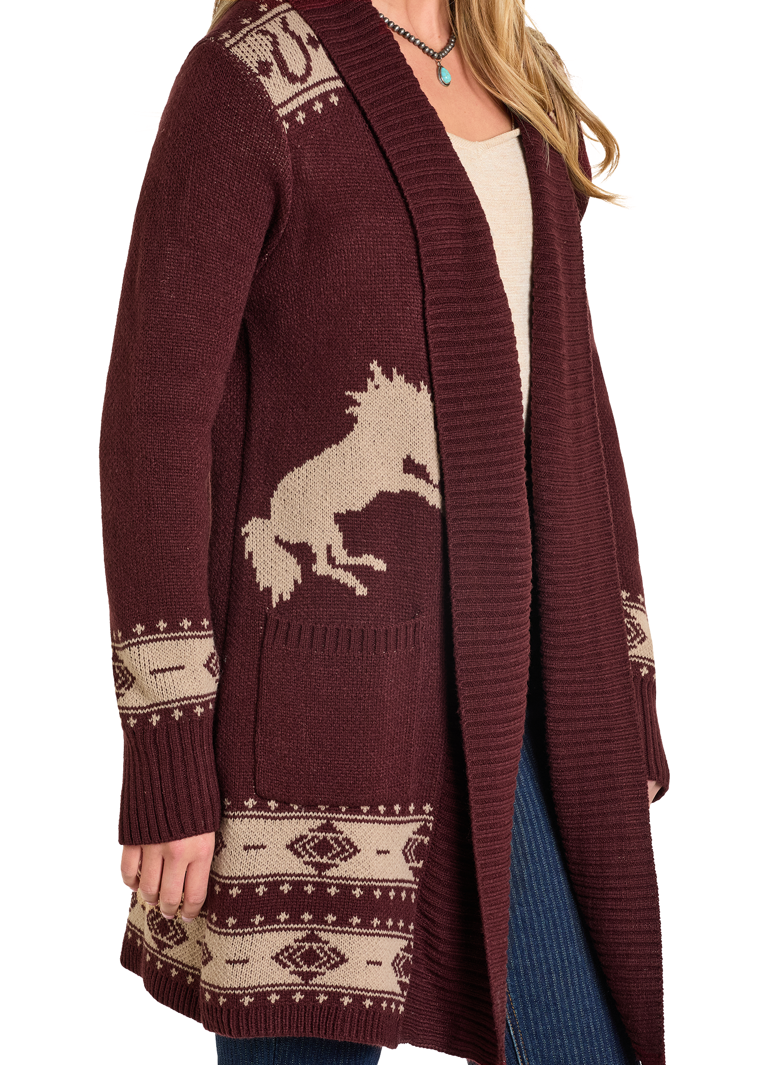 Maroon cardigan with horse design on a white background