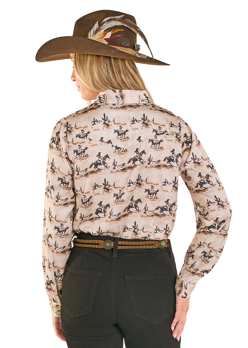 Person wearing a patterned blouse, black pants, and a wide-brimmed hat on a white background