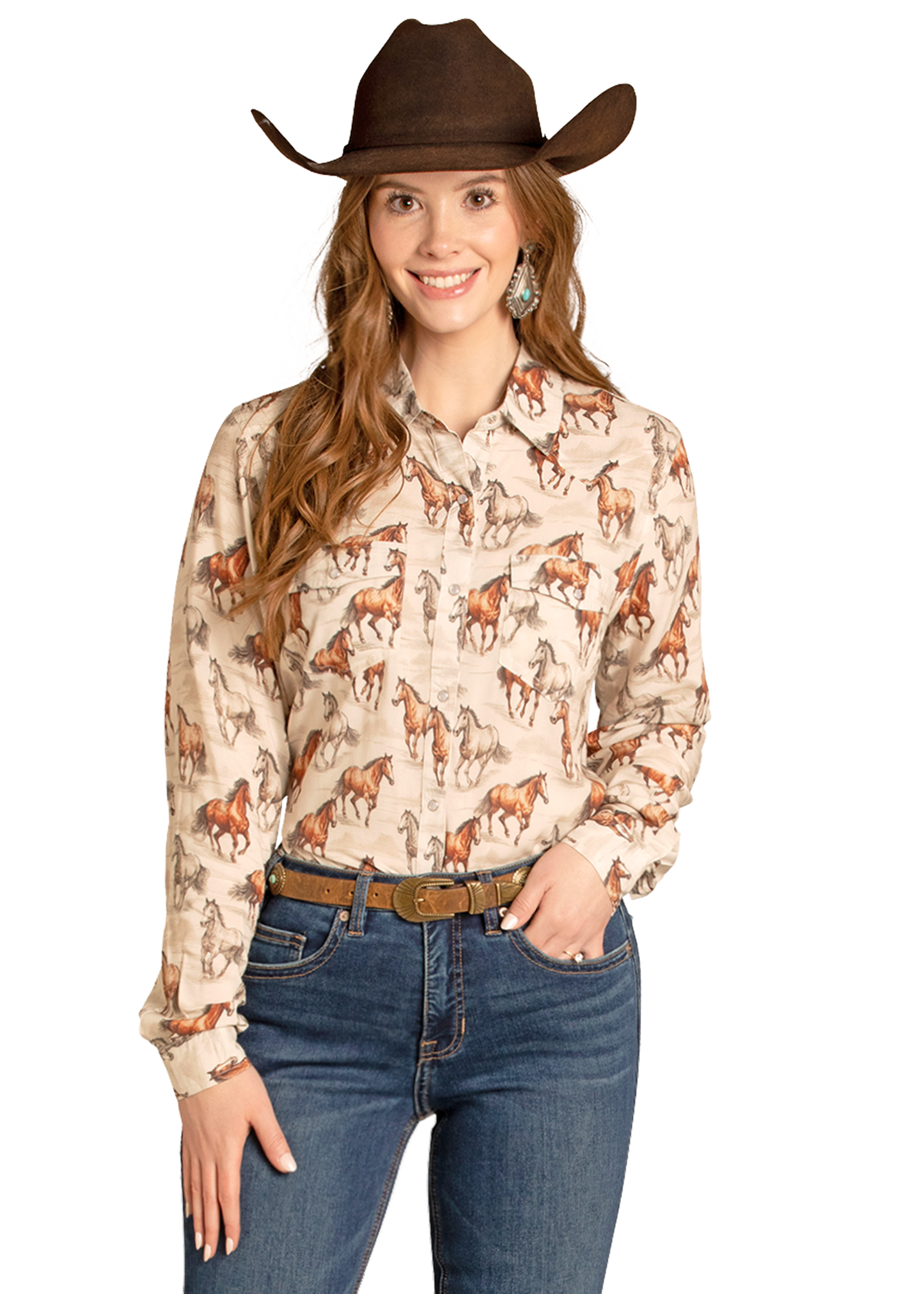 Woman wearing a patterned shirt with horses, jeans, and a cowboy hat on a white background