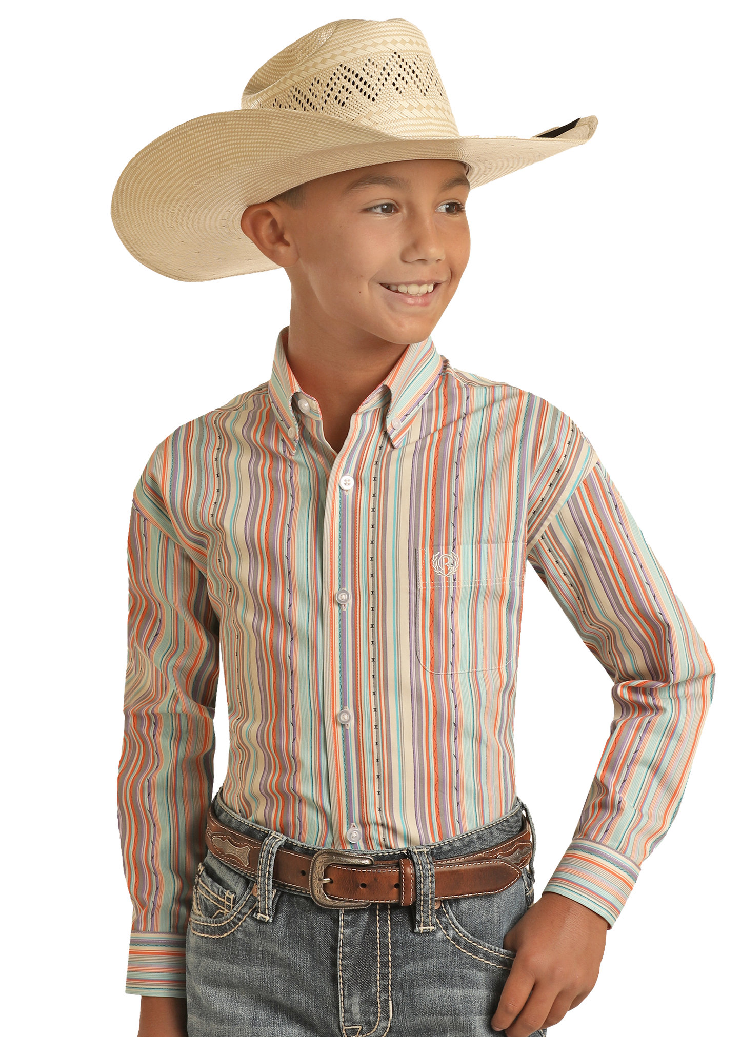 Child wearing a striped shirt, jeans, and a cowboy hat on a white background