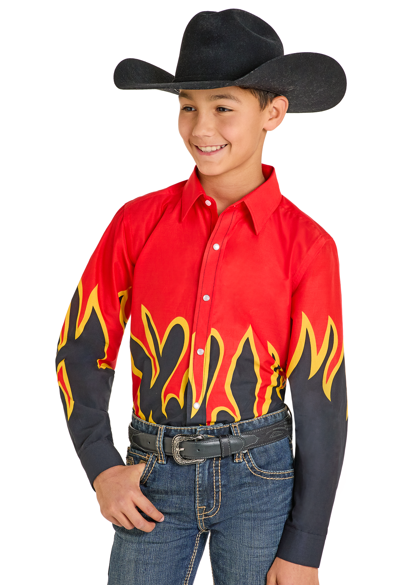 Child wearing a red shirt with flames and a black cowboy hat on a white background