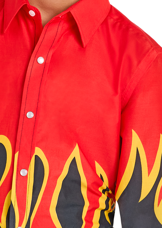 Child wearing a red shirt with flames and a black cowboy hat on a white background
