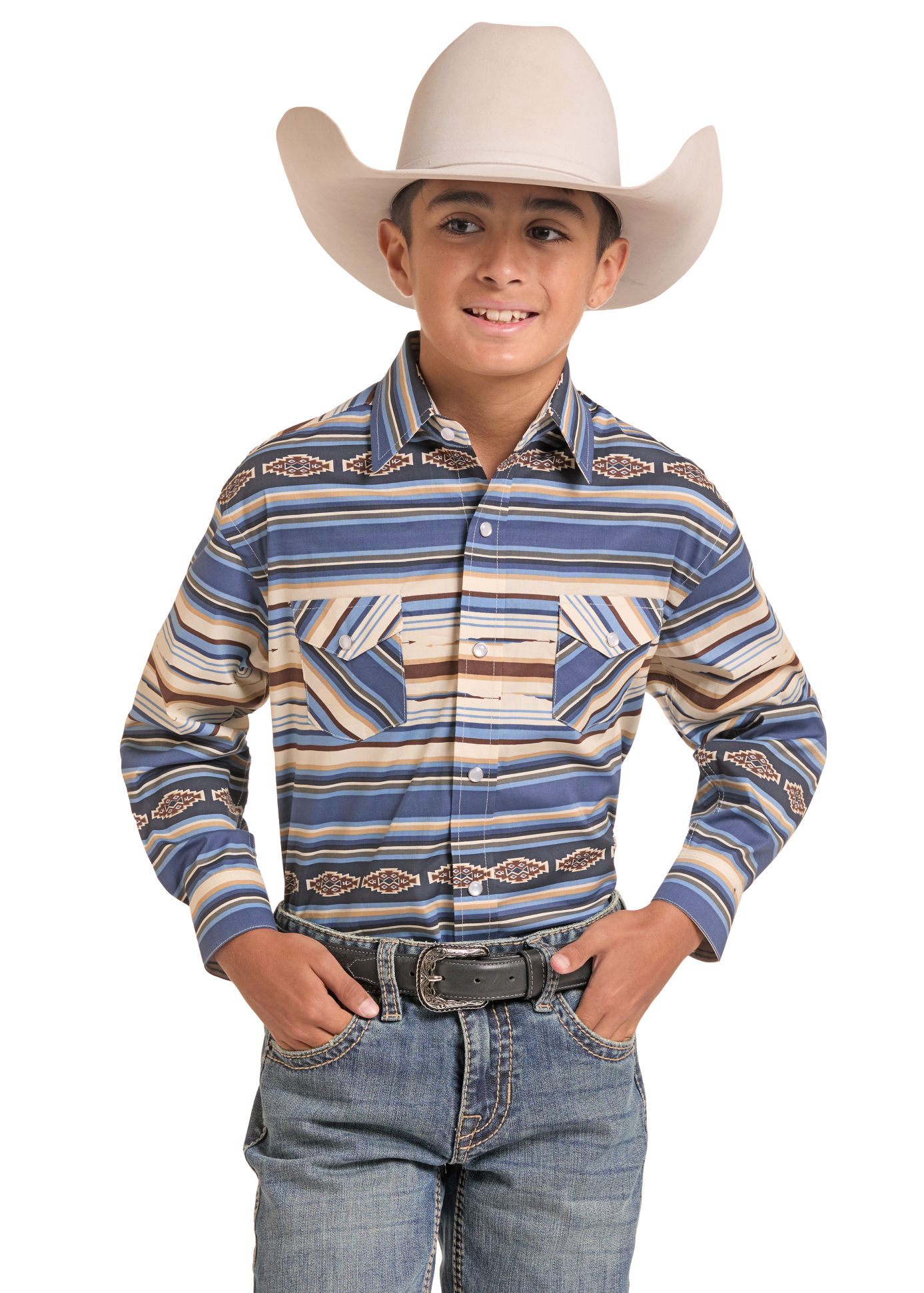 A young boy modeling a long-sleeve western shirt with a blue, beige, and brown striped pattern, paired with a cream cowboy hat and blue jeans against a white background.