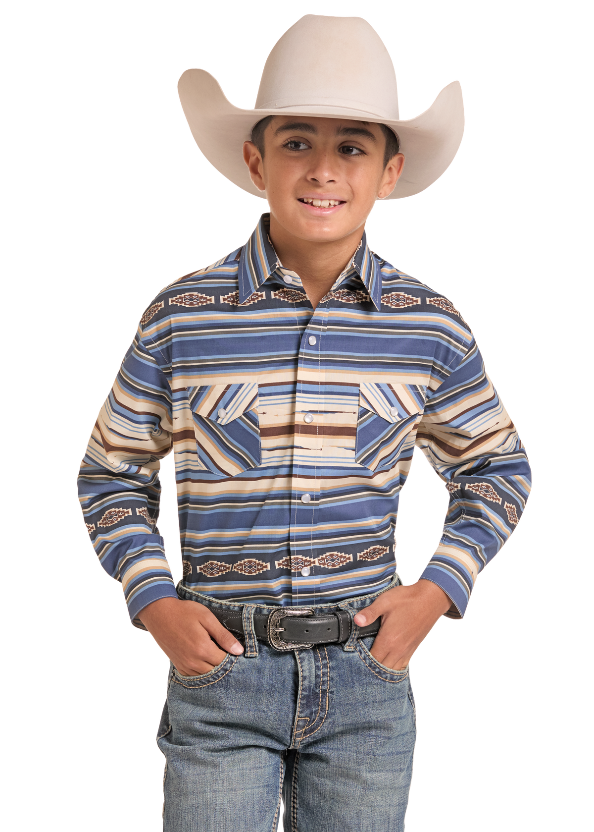 A young boy modeling a long-sleeve western shirt with a blue, beige, and brown striped pattern, paired with a cream cowboy hat and blue jeans against a white background.