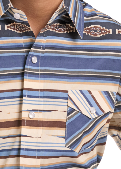 zoomed in image of a boys' western shirt with a blue, beige, and brown striped pattern.