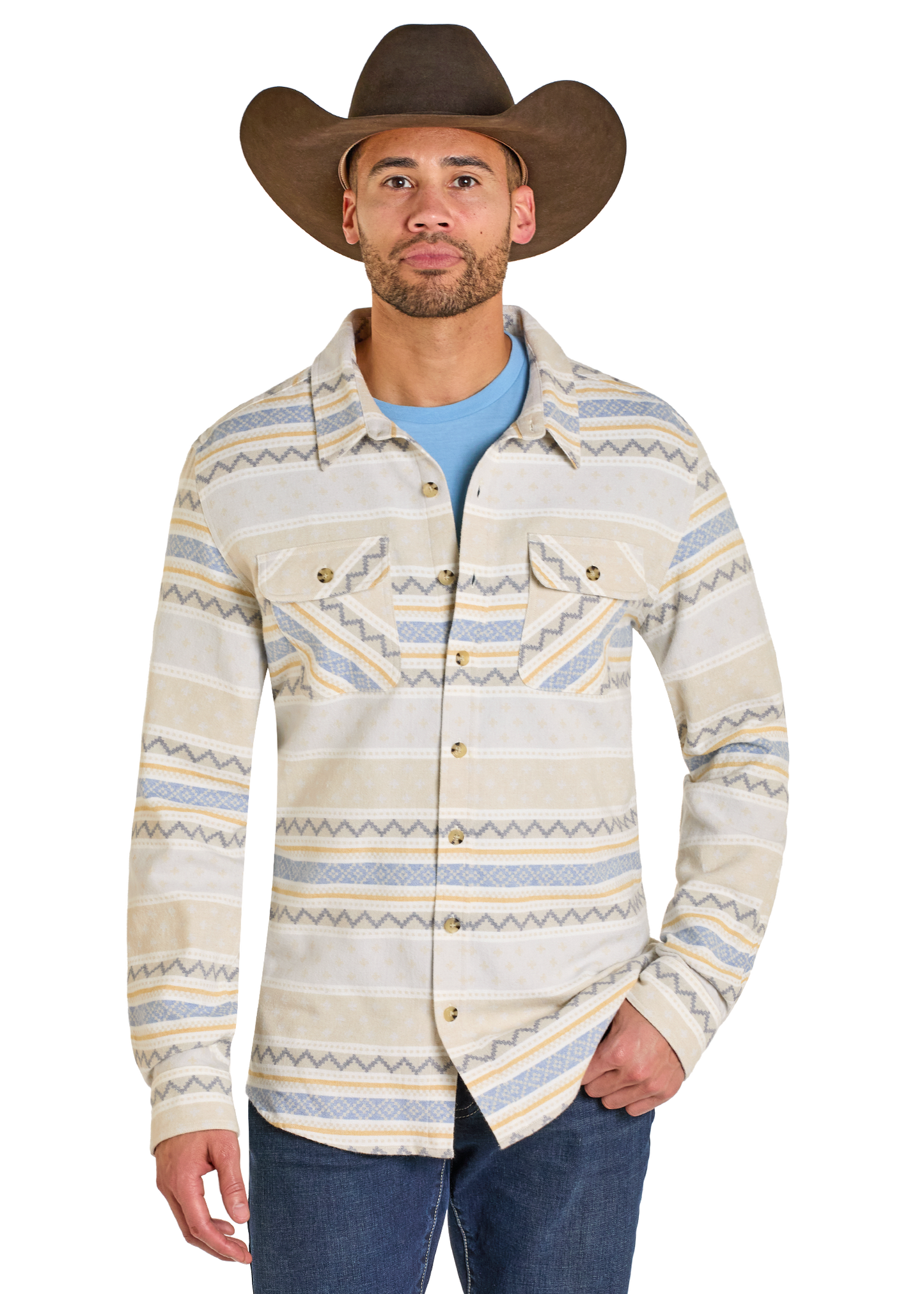 Man wearing a patterned shirt and cowboy hat on a white background