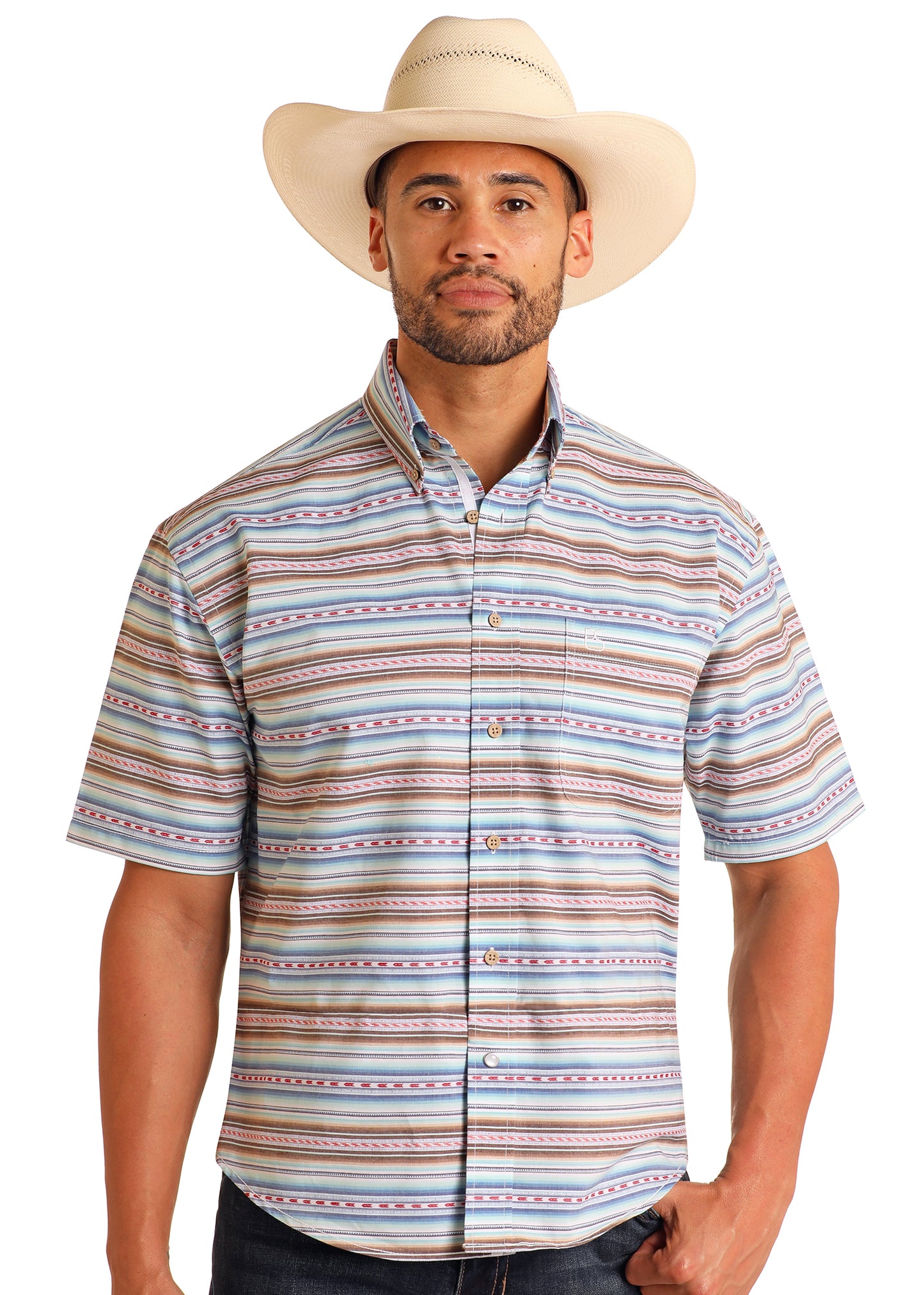 Man wearing a striped shirt and cowboy hat on a white background