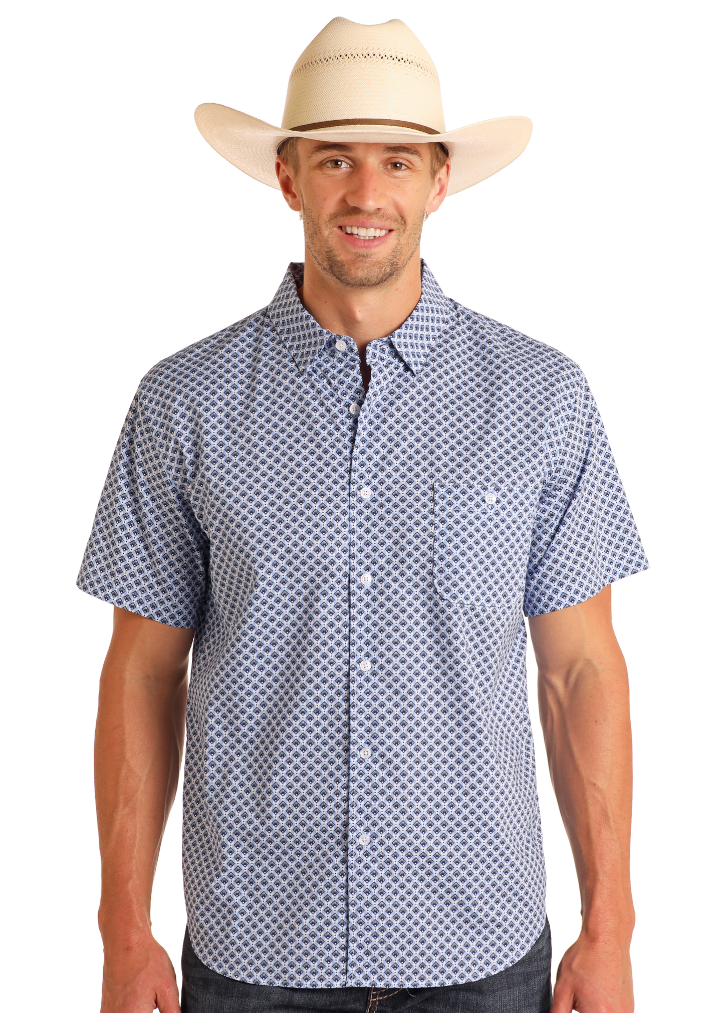 Man wearing a blue patterned shirt and white cowboy hat on a white background