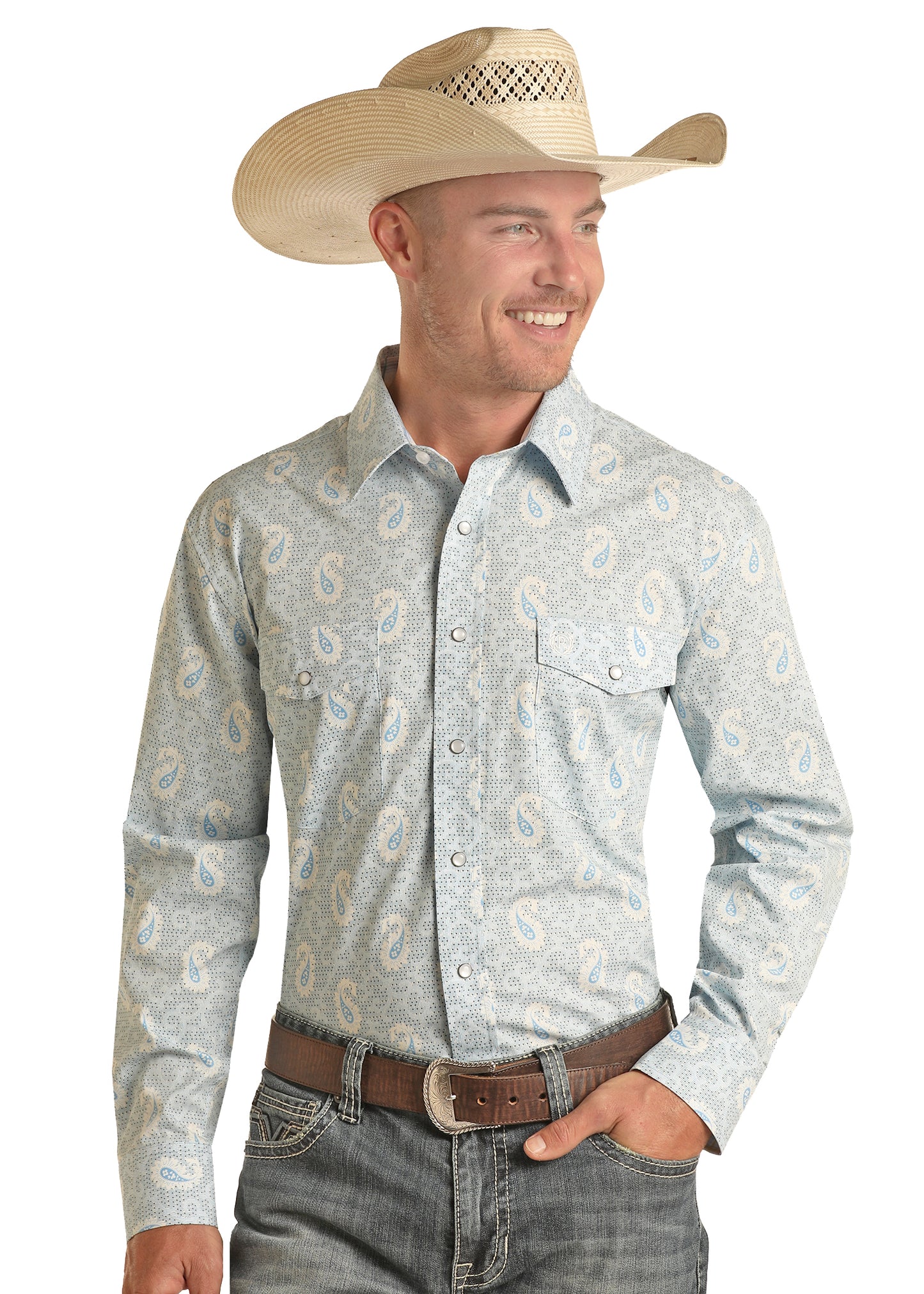 Man wearing a patterned long-sleeve shirt, jeans, and a cowboy hat on a white background