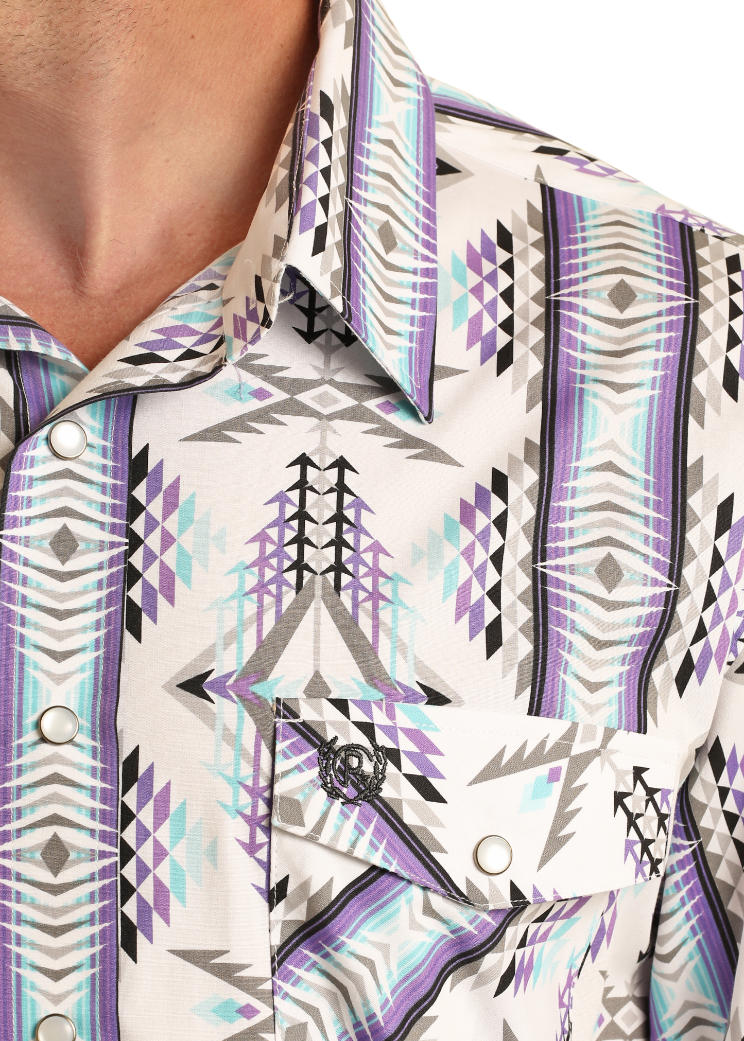 Close-up of a patterned shirt with geometric design